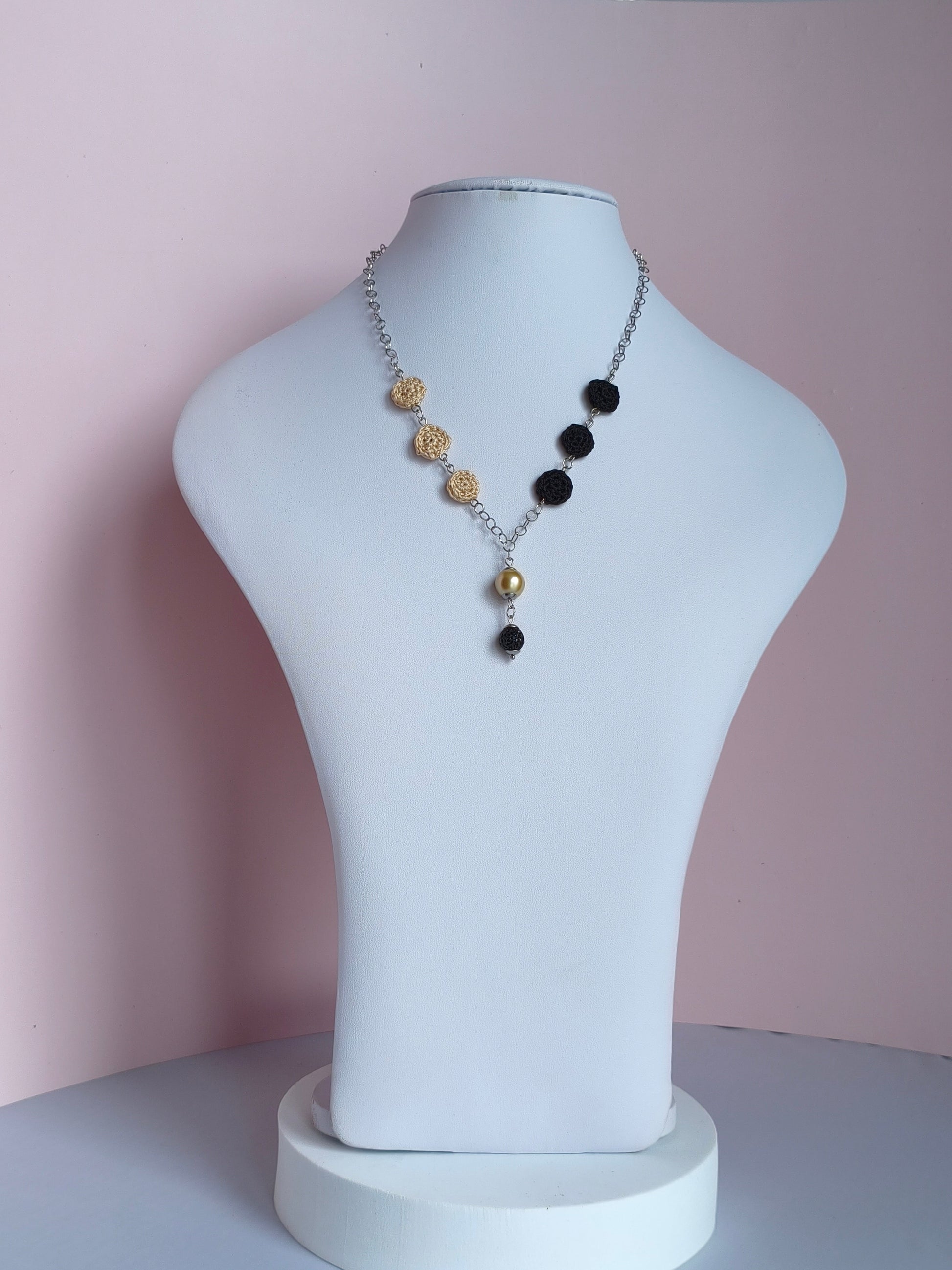 Crochet Pearl Chain Necklace - Handmade Black Beige Statement Necklace - Boho Luxe Elegant Jewelry - Stainless Steel - Gift for Her - StepToLight