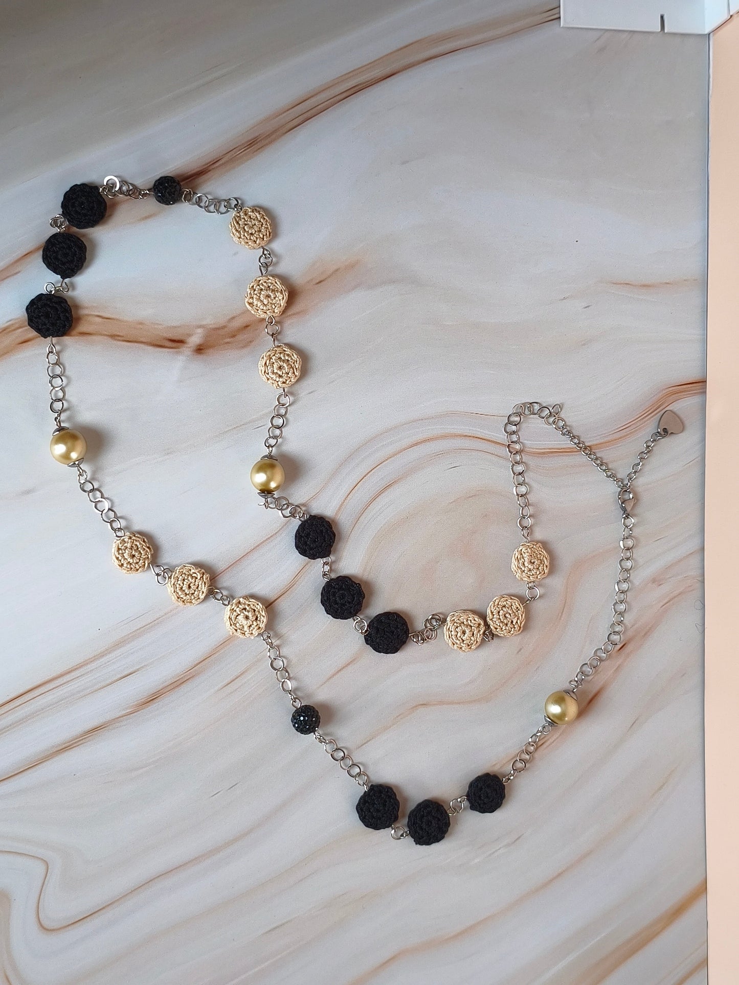 Crochet Pearl Chain Necklace - Handmade Black Beige Statement Necklace - Boho Luxe Elegant Jewelry - Stainless Steel - Gift for Her - StepToLight