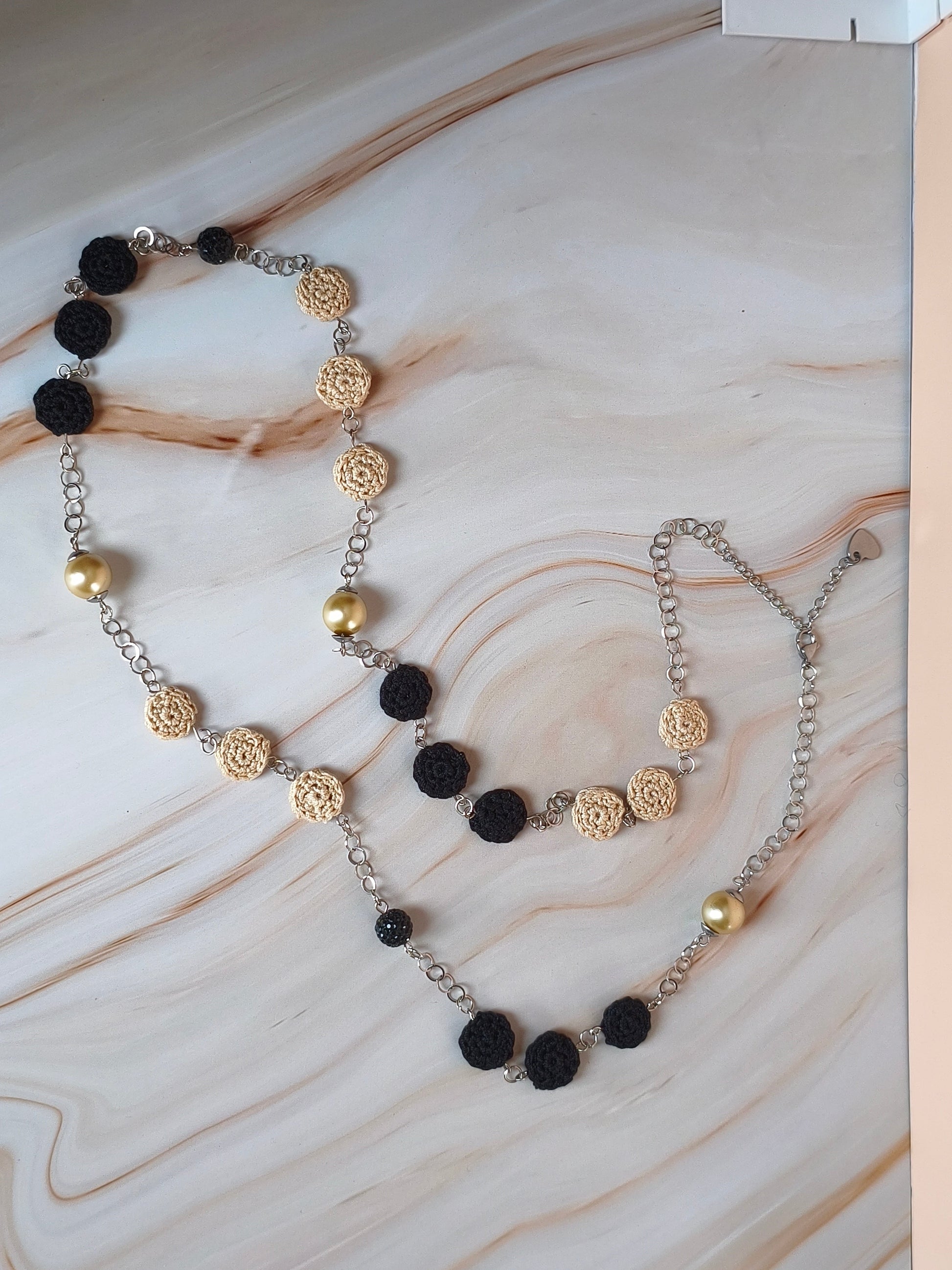 Crochet Pearl Chain Necklace - Handmade Black Beige Statement Necklace - Boho Luxe Elegant Jewelry - Stainless Steel - Gift for Her - StepToLight