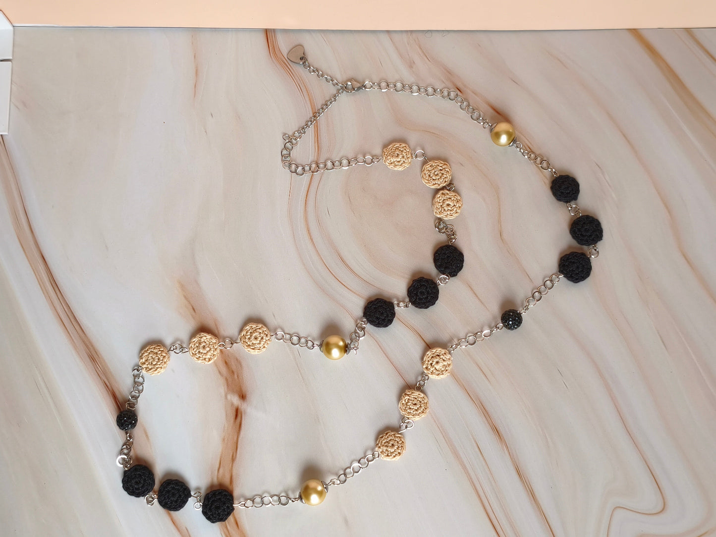 Crochet Pearl Chain Necklace - Handmade Black Beige Statement Necklace - Boho Luxe Elegant Jewelry - Stainless Steel - Gift for Her - StepToLight