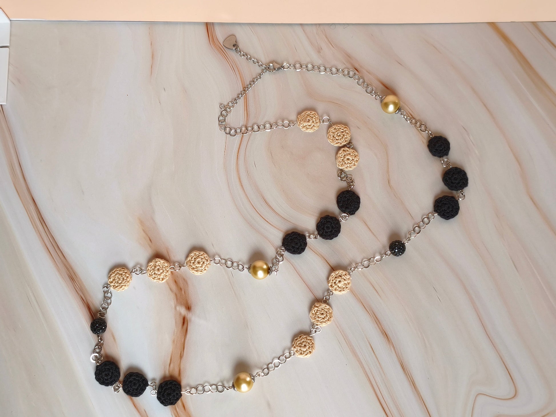 Crochet Pearl Chain Necklace - Handmade Black Beige Statement Necklace - Boho Luxe Elegant Jewelry - Stainless Steel - Gift for Her - StepToLight