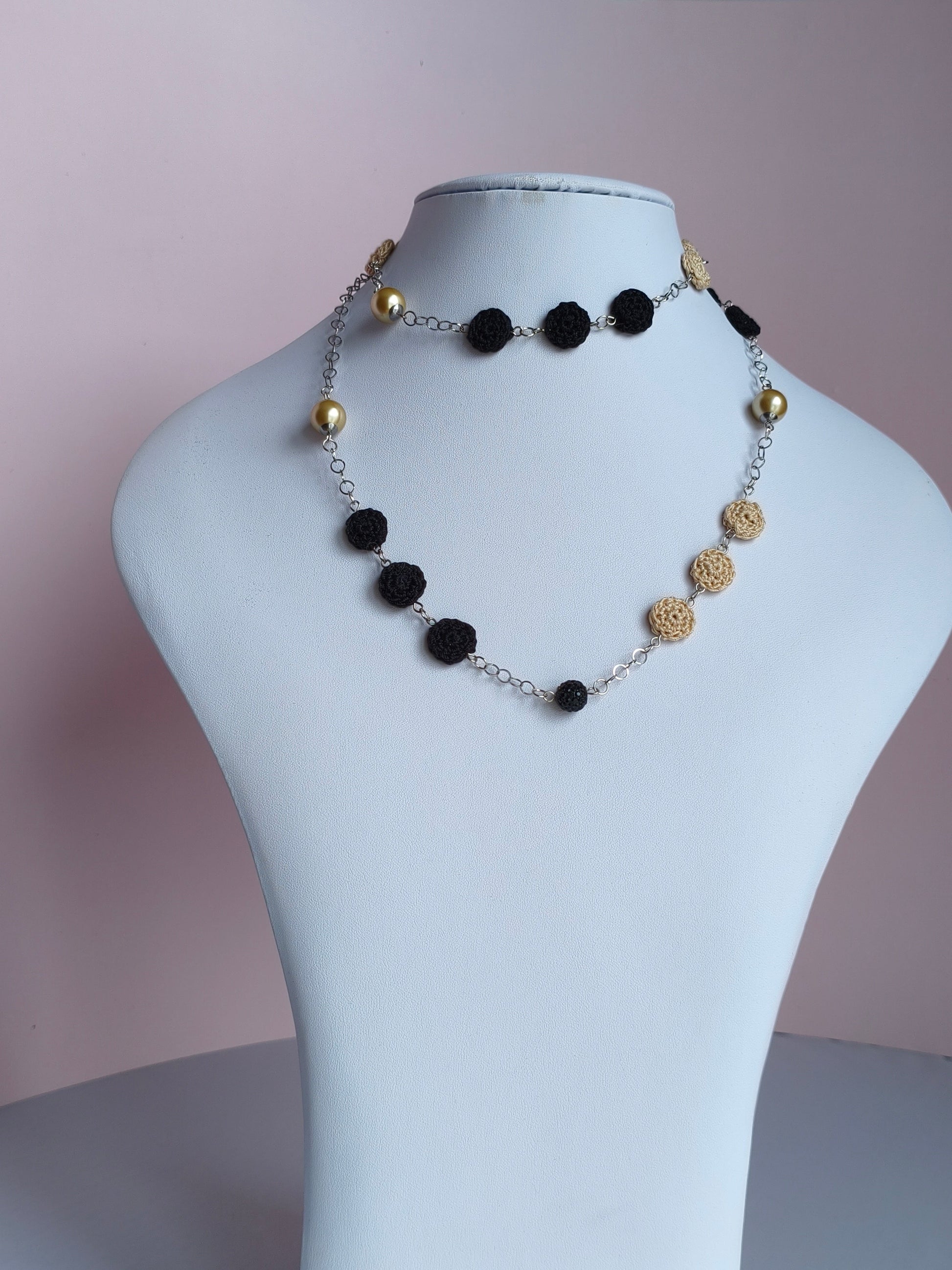 Crochet Pearl Chain Necklace - Handmade Black Beige Statement Necklace - Boho Luxe Elegant Jewelry - Stainless Steel - Gift for Her - StepToLight