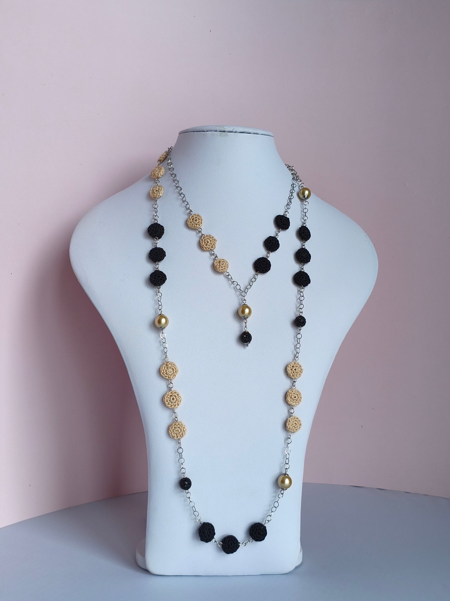 Crochet Pearl Chain Necklace - Handmade Black Beige Statement Necklace - Boho Luxe Elegant Jewelry - Stainless Steel - Gift for Her - StepToLight