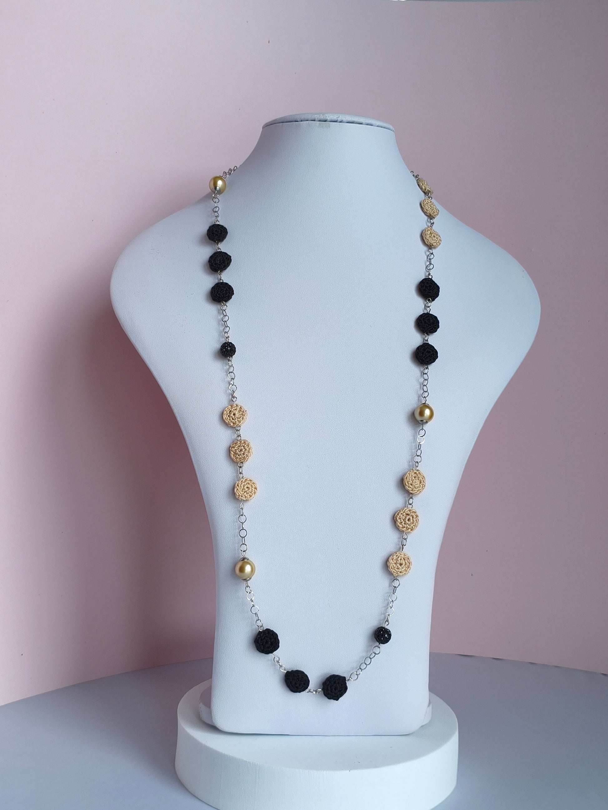 Crochet Pearl Chain Necklace - Handmade Black Beige Statement Necklace - Boho Luxe Elegant Jewelry - Stainless Steel - Gift for Her - StepToLight
