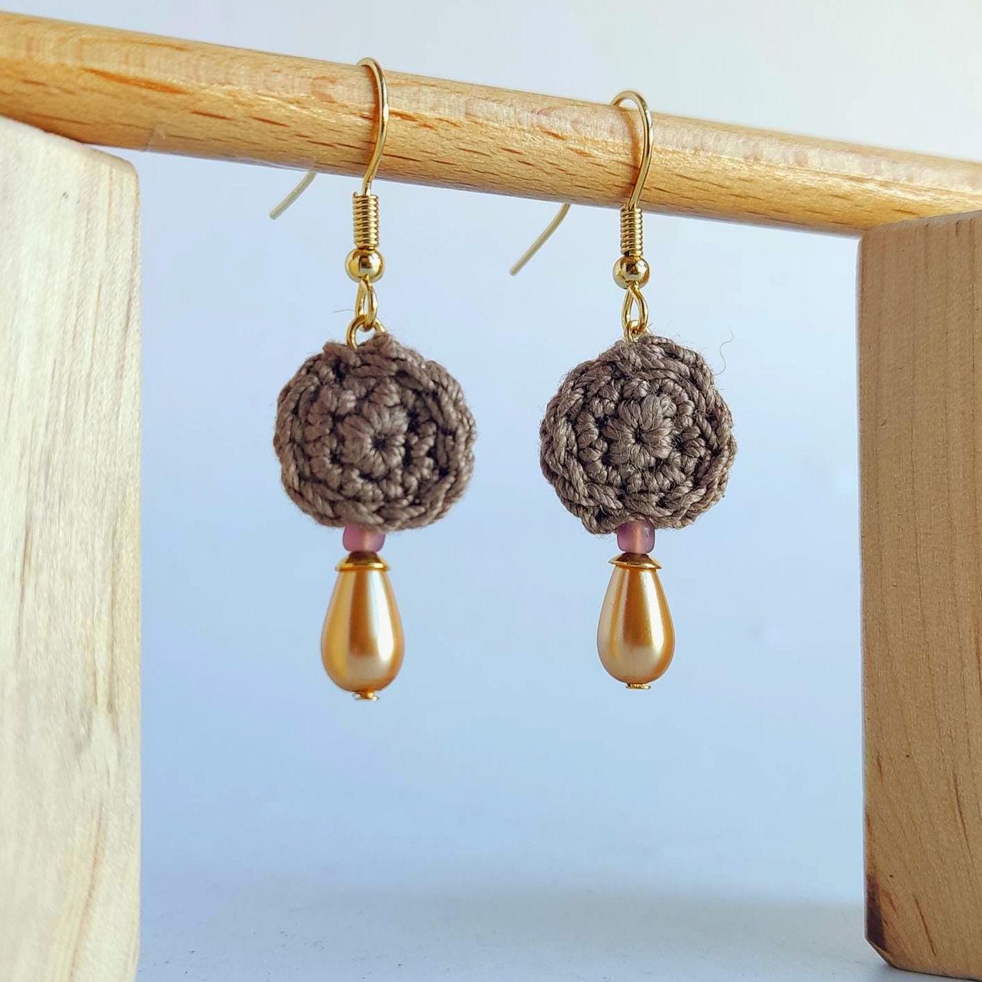 Crochet Pearl Dangle Earrings - Brown Boho Drop Earrings - StepToLight