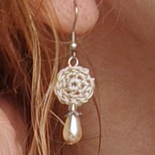 Crochet Pearl Drop Earrings - Denim Blue with Sterling Silver - StepToLight