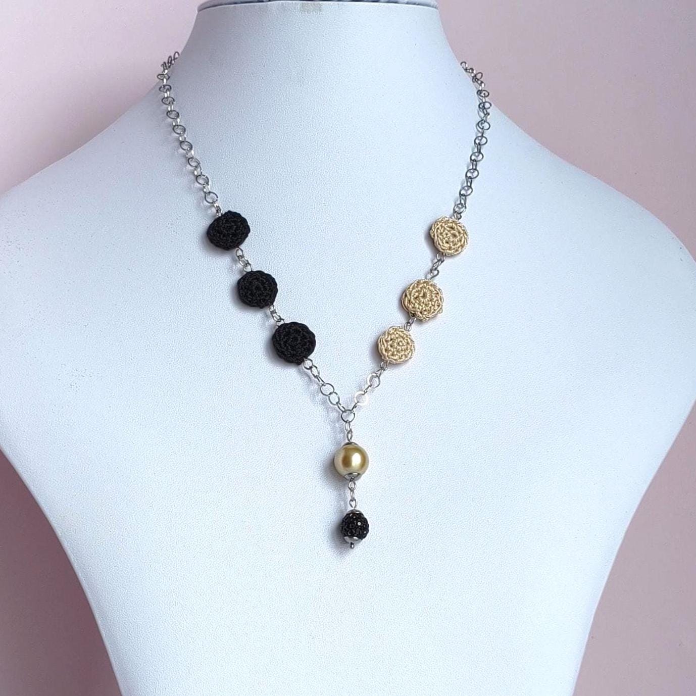 Crochet Pearl Necklace - Handmade Black Beige Statement Necklace - Boho Luxe Jewelry - Gift for Her - StepToLight