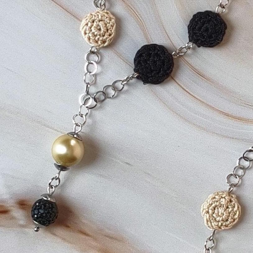 Crochet Pearl Necklace - Handmade Black Beige Statement Necklace - Boho Luxe Jewelry - Gift for Her - StepToLight