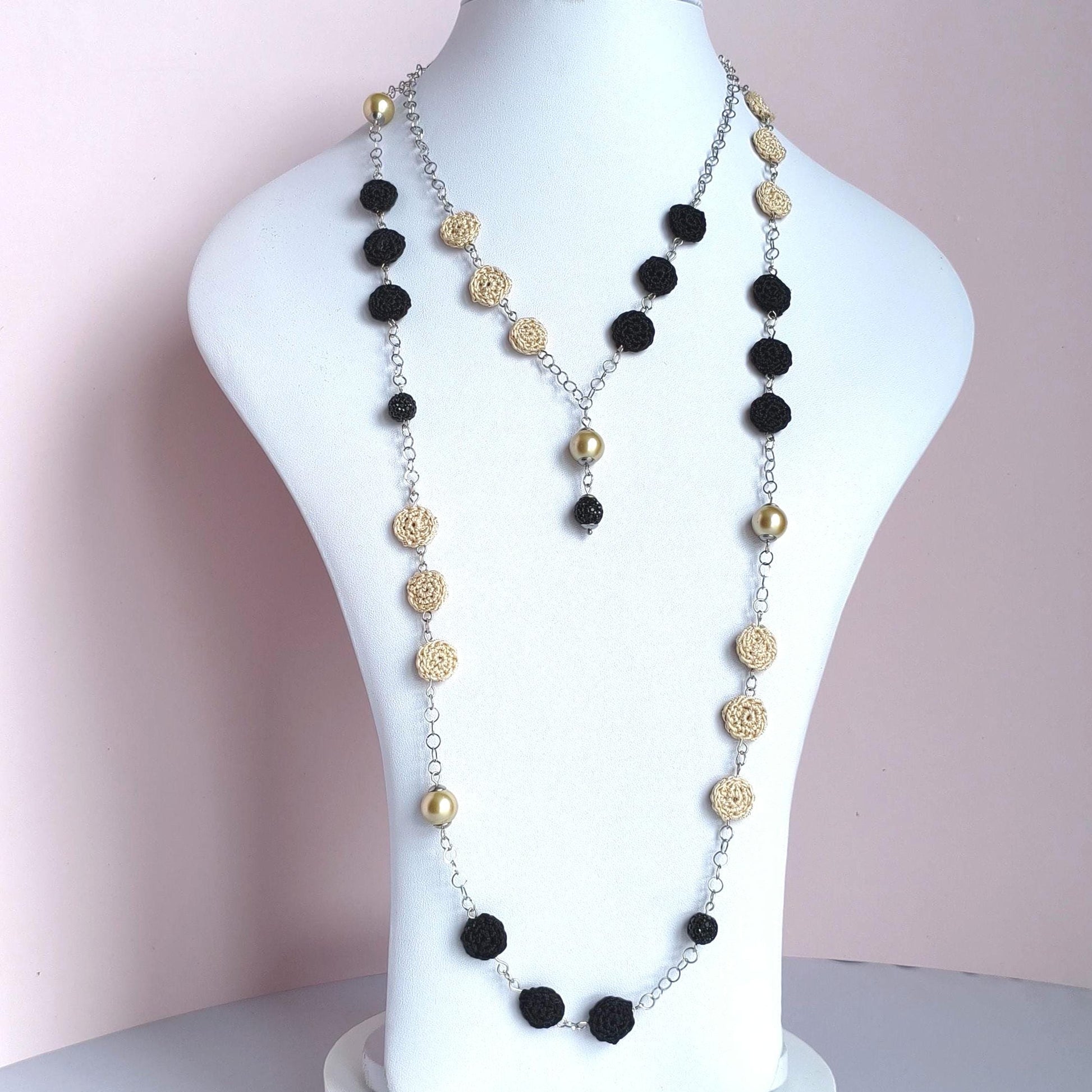 Crochet Pearl Necklace - Handmade Black Beige Statement Necklace - Boho Luxe Jewelry - Gift for Her - StepToLight