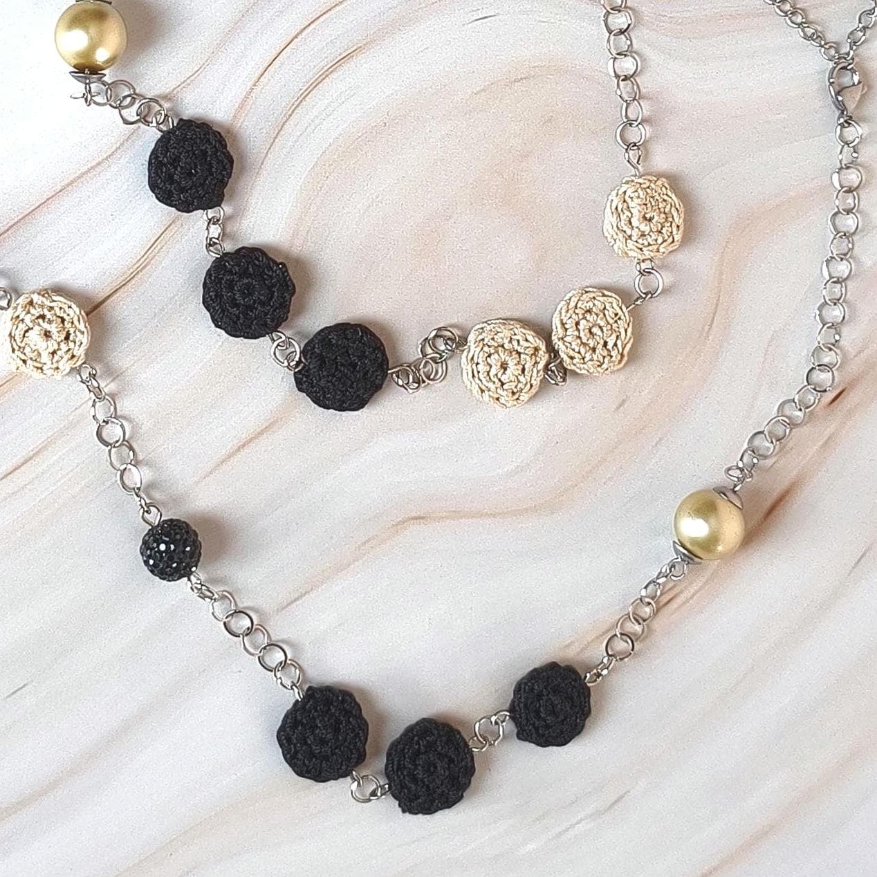 Crochet Pearl Necklace - Handmade Black Beige Statement Necklace - Boho Luxe Jewelry - Gift for Her - StepToLight