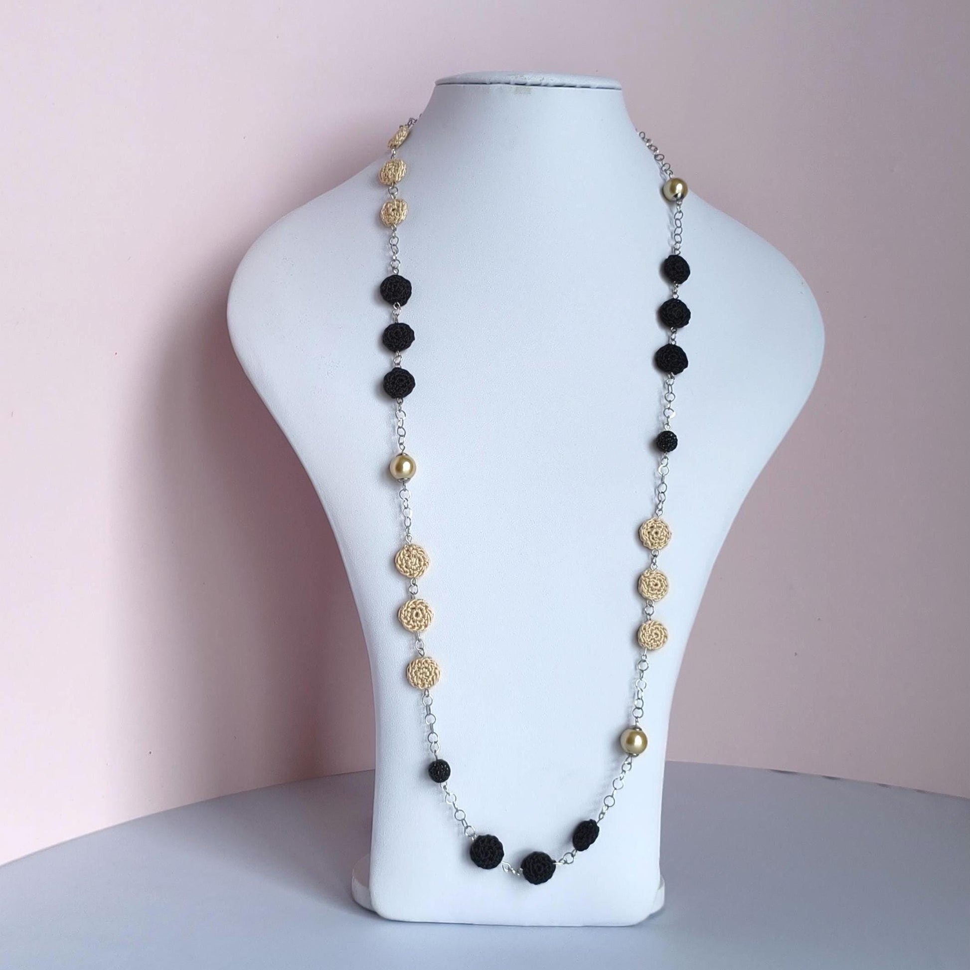 Crochet Pearl Necklace - Handmade Black Beige Statement Necklace - Boho Luxe Jewelry - Gift for Her - StepToLight