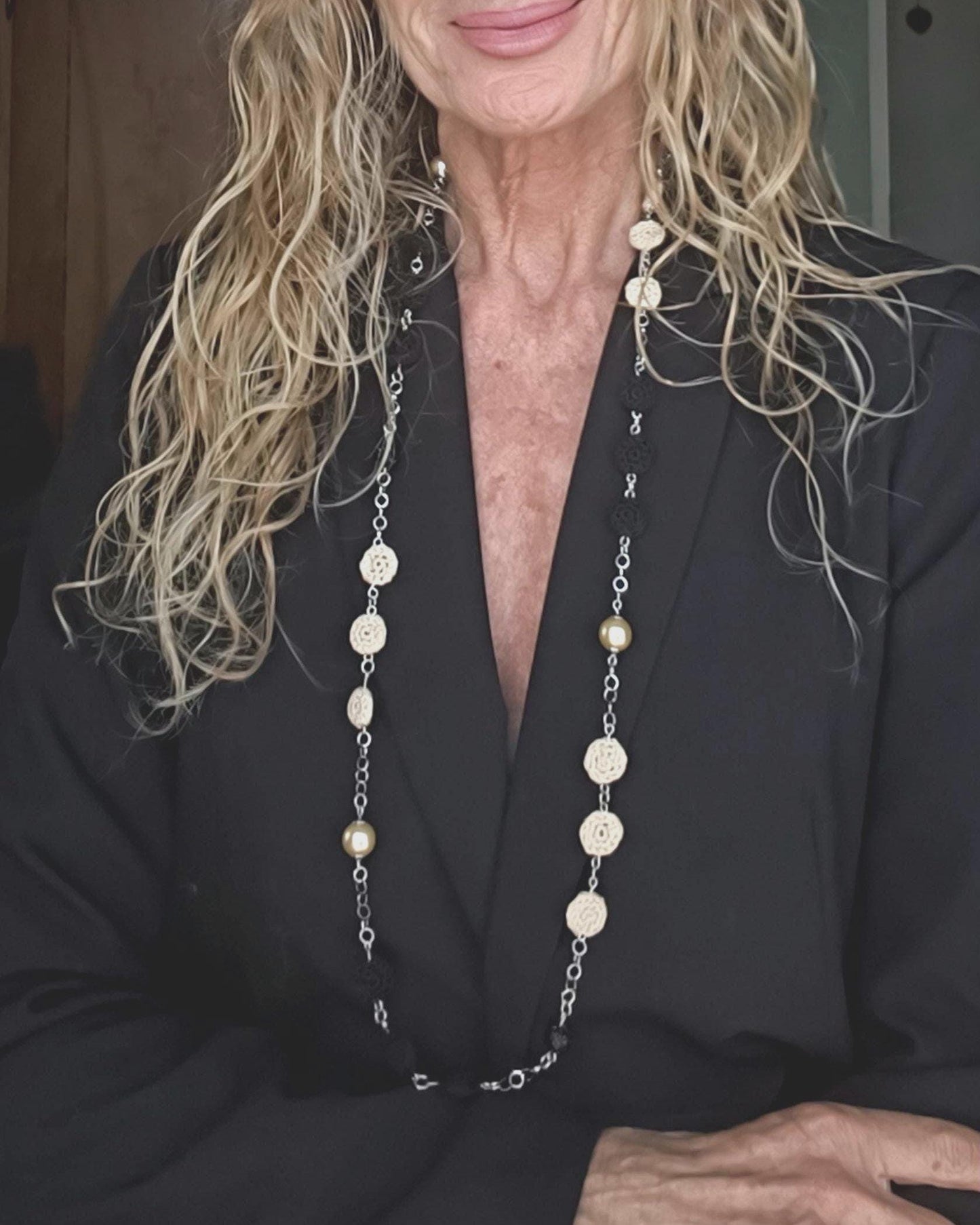 Crochet Pearl Necklace - Handmade Black Beige Statement Necklace - Boho Luxe Jewelry - Gift for Her - StepToLight