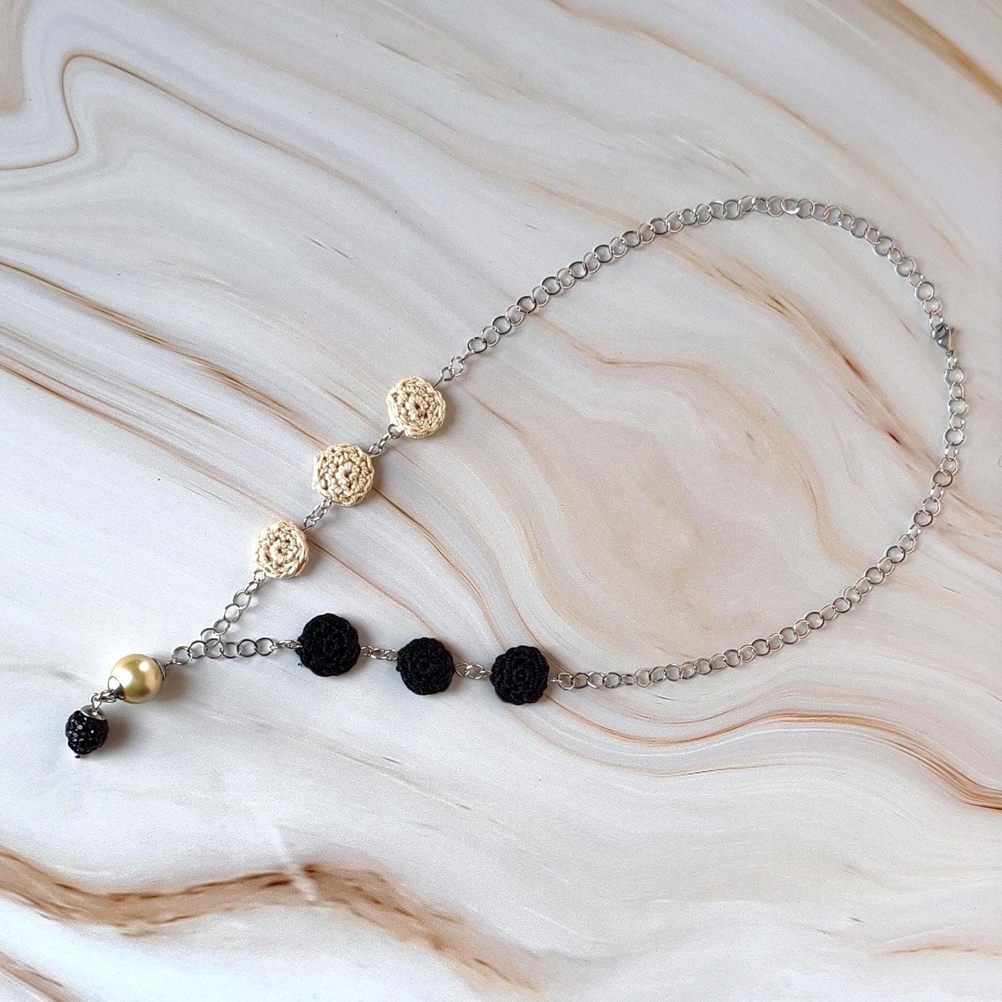 Crochet Pearl Necklace - Handmade Black Beige Statement Necklace - Boho Luxe Jewelry - Gift for Her - StepToLight