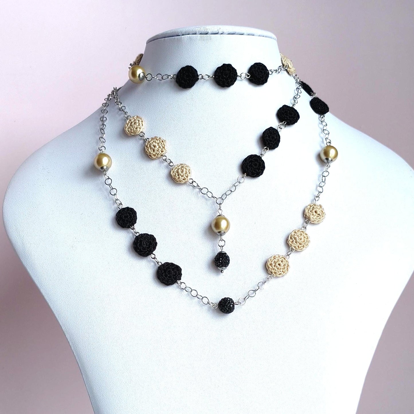 Crochet Pearl Necklace - Handmade Black Beige Statement Necklace - Boho Luxe Jewelry - Gift for Her - StepToLight