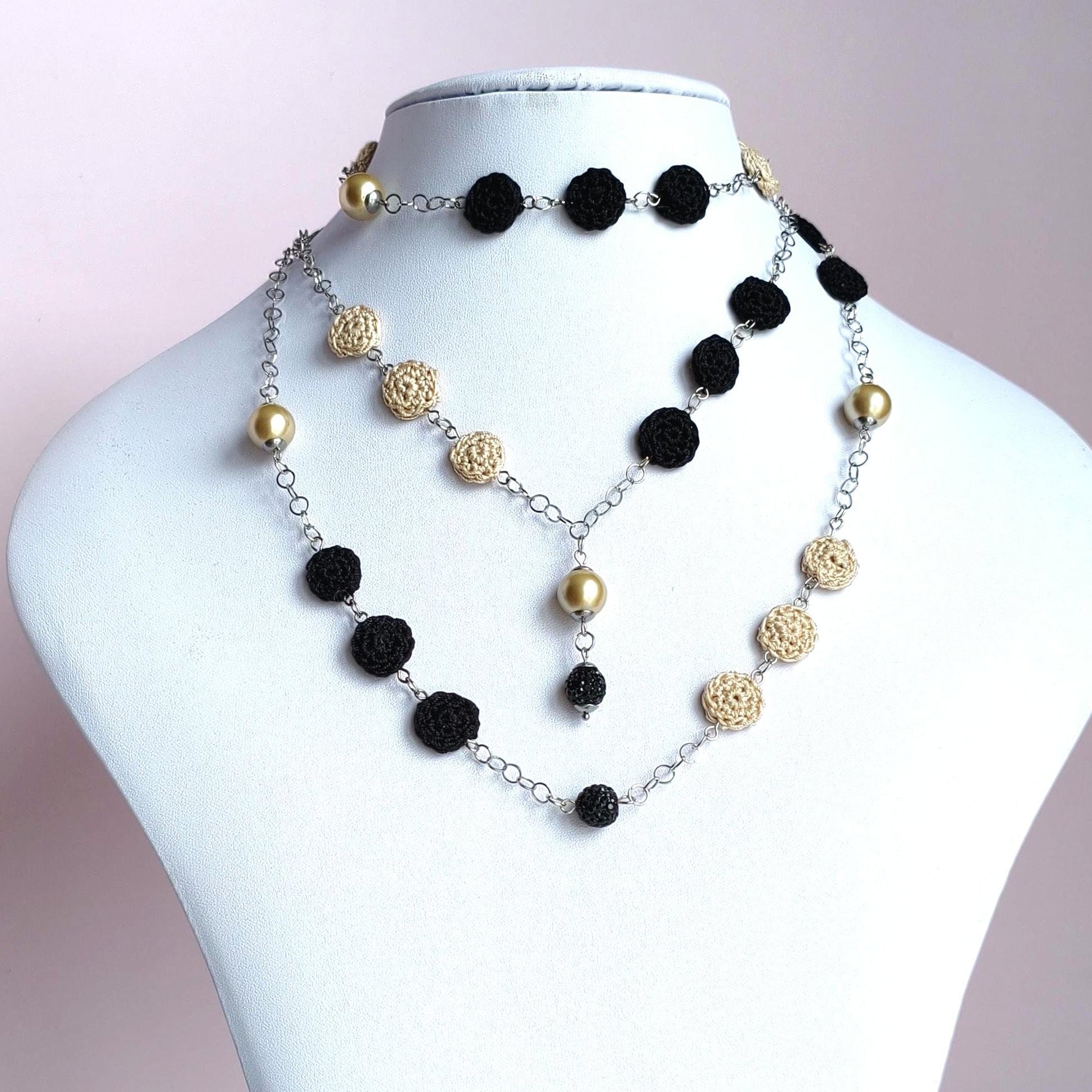 Crochet Pearl Necklace - Handmade Black Beige Statement Necklace - Boho Luxe Jewelry - Gift for Her - StepToLight