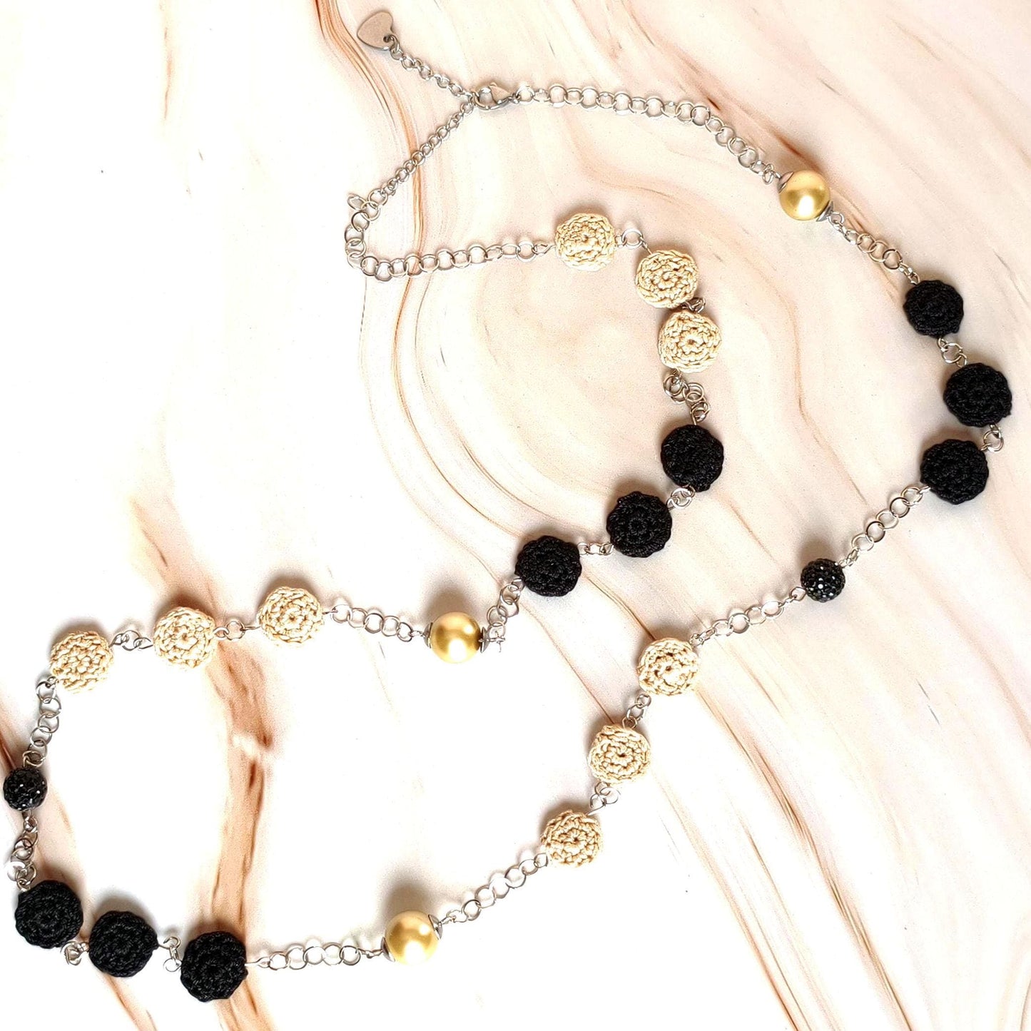 Crochet Pearl Necklace - Handmade Black Beige Statement Necklace - Boho Luxe Jewelry - Gift for Her - StepToLight