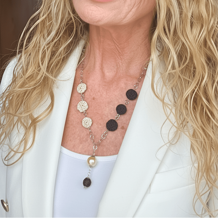 Crochet Pearl Necklace - Handmade Black Beige Statement Necklace - Boho Luxe Jewelry - Gift for Her - StepToLight