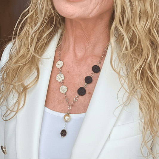 Crochet Pearl Necklace - Handmade Black Beige Statement Necklace - Boho Luxe Jewelry - Gift for Her - StepToLight