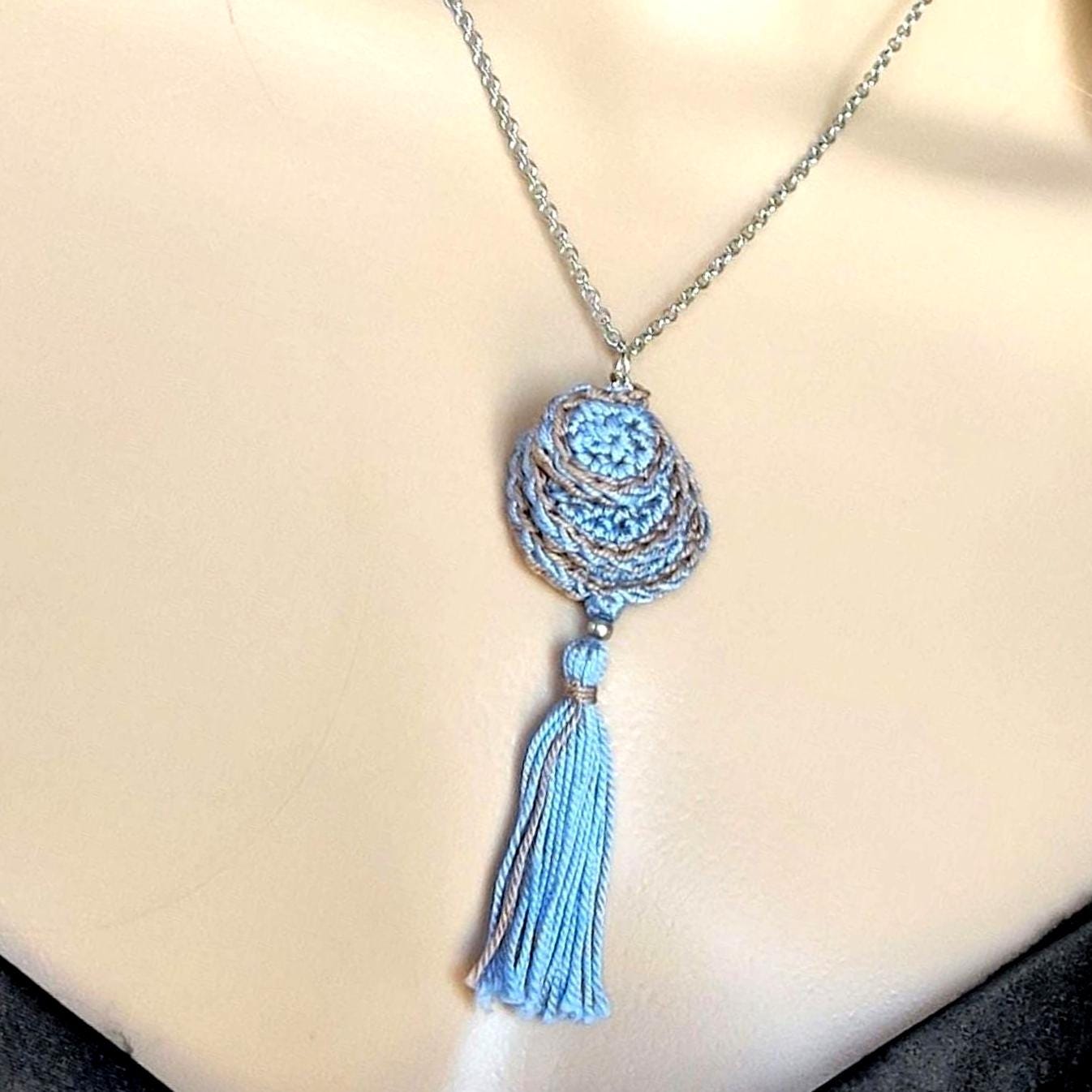 Crochet Pendant Necklace - Denim Blue & Beige Boho Tassel Necklace - StepToLight