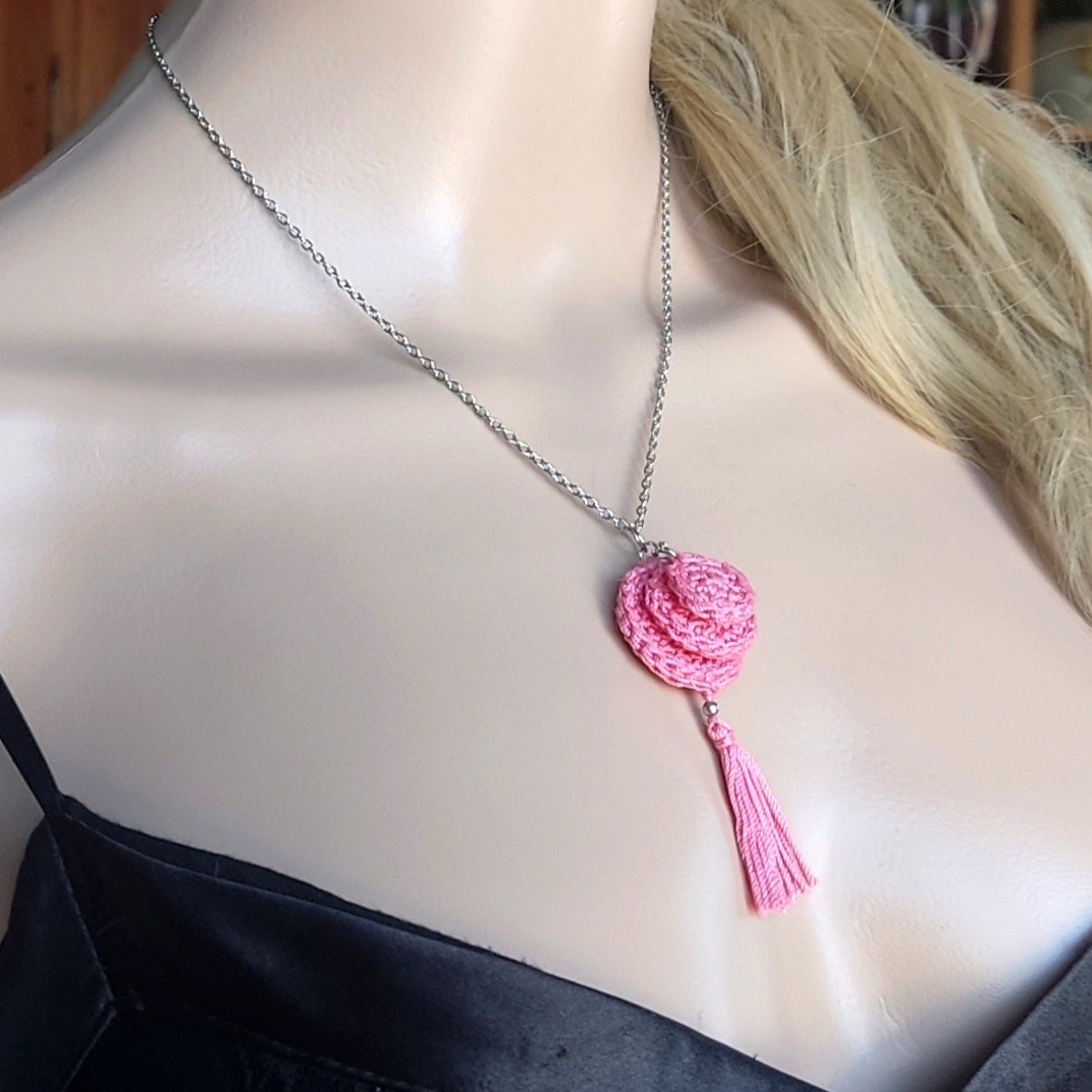 Crochet Pendant Necklace - Denim Blue & Beige Boho Tassel Necklace - StepToLight