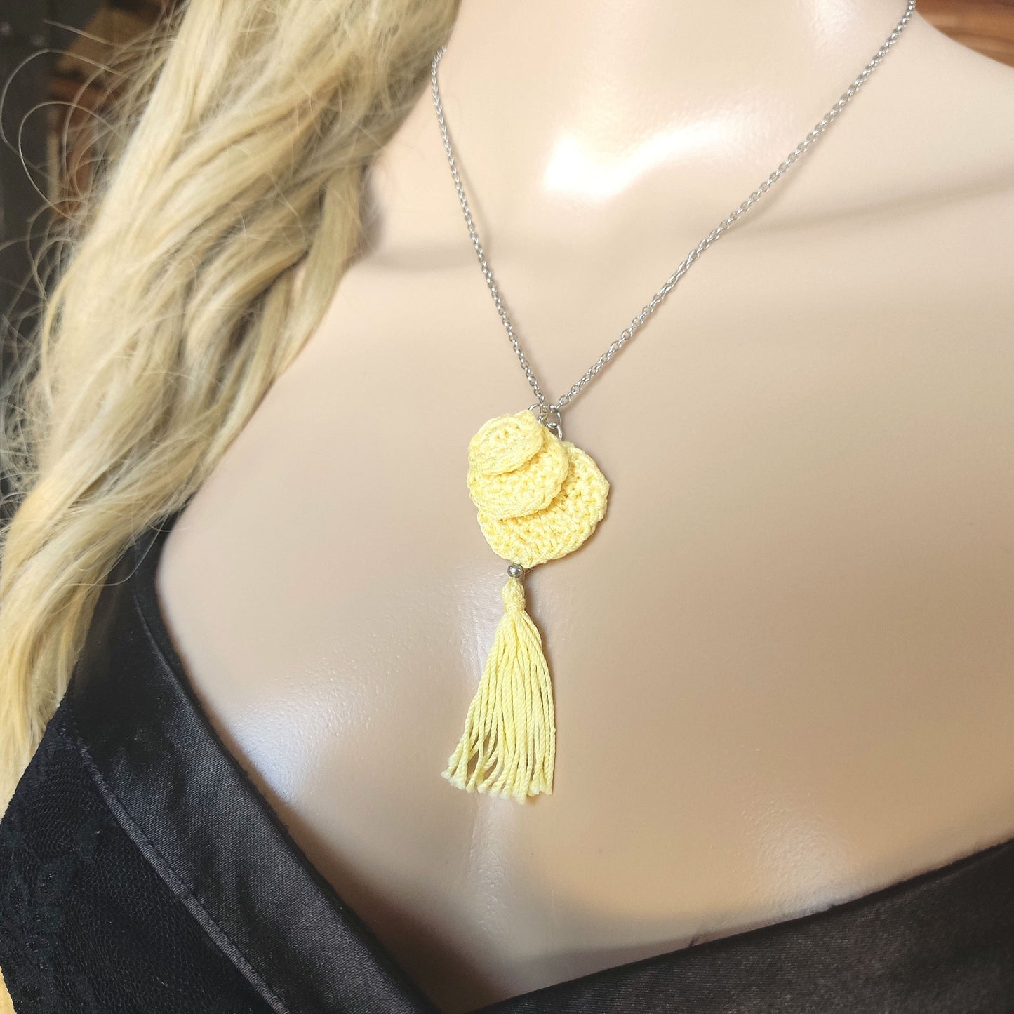 Crochet Pendant Necklace - Denim Blue & Beige Boho Tassel Necklace - StepToLight