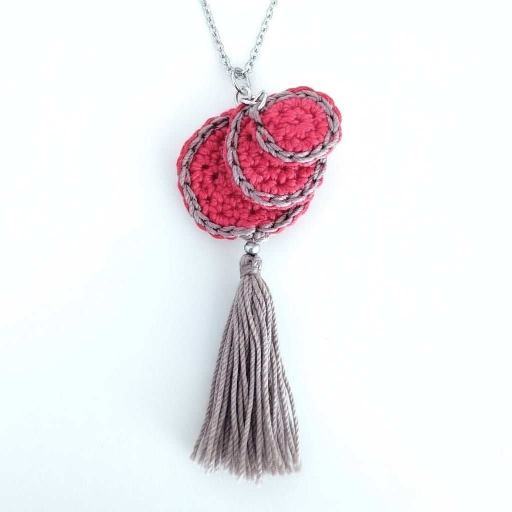 Crochet Pendant Necklace - Denim Blue & Beige Boho Tassel Necklace - StepToLight