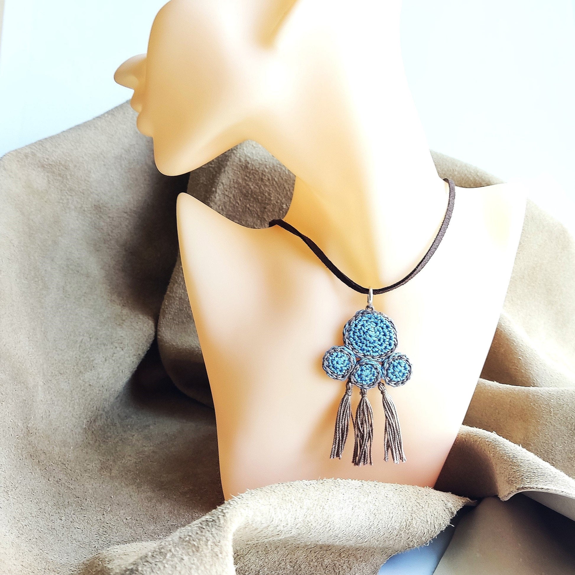 Denim Blue & Beige Crochet Pendant Necklace - Ancient Greek Inspired Leather Strap Boho Jewelry - StepToLight