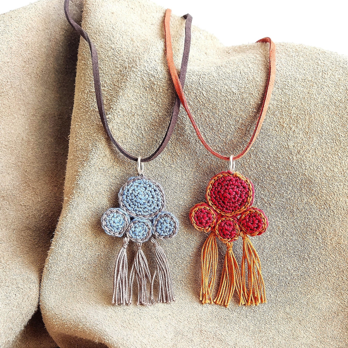 Denim Blue & Beige Crochet Pendant Necklace - Ancient Greek Inspired Leather Strap Boho Jewelry - StepToLight