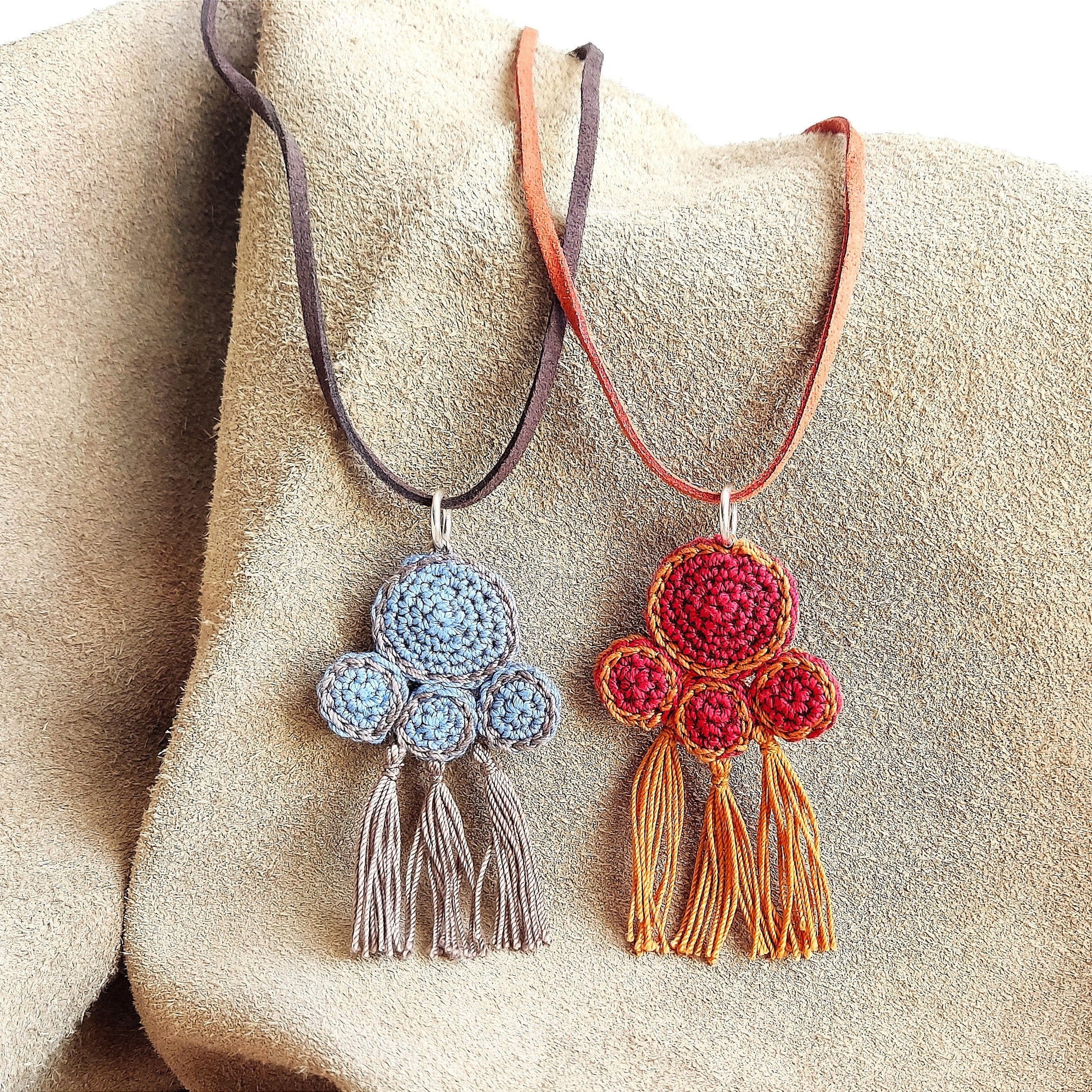 Denim Blue & Beige Crochet Pendant Necklace - Ancient Greek Inspired Leather Strap Boho Jewelry - StepToLight