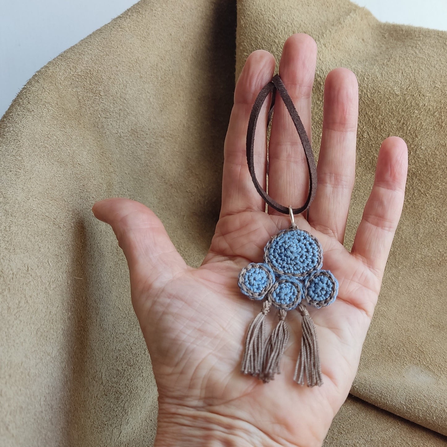 Denim Blue & Beige Crochet Pendant Necklace - Ancient Greek Inspired Leather Strap Boho Jewelry - StepToLight