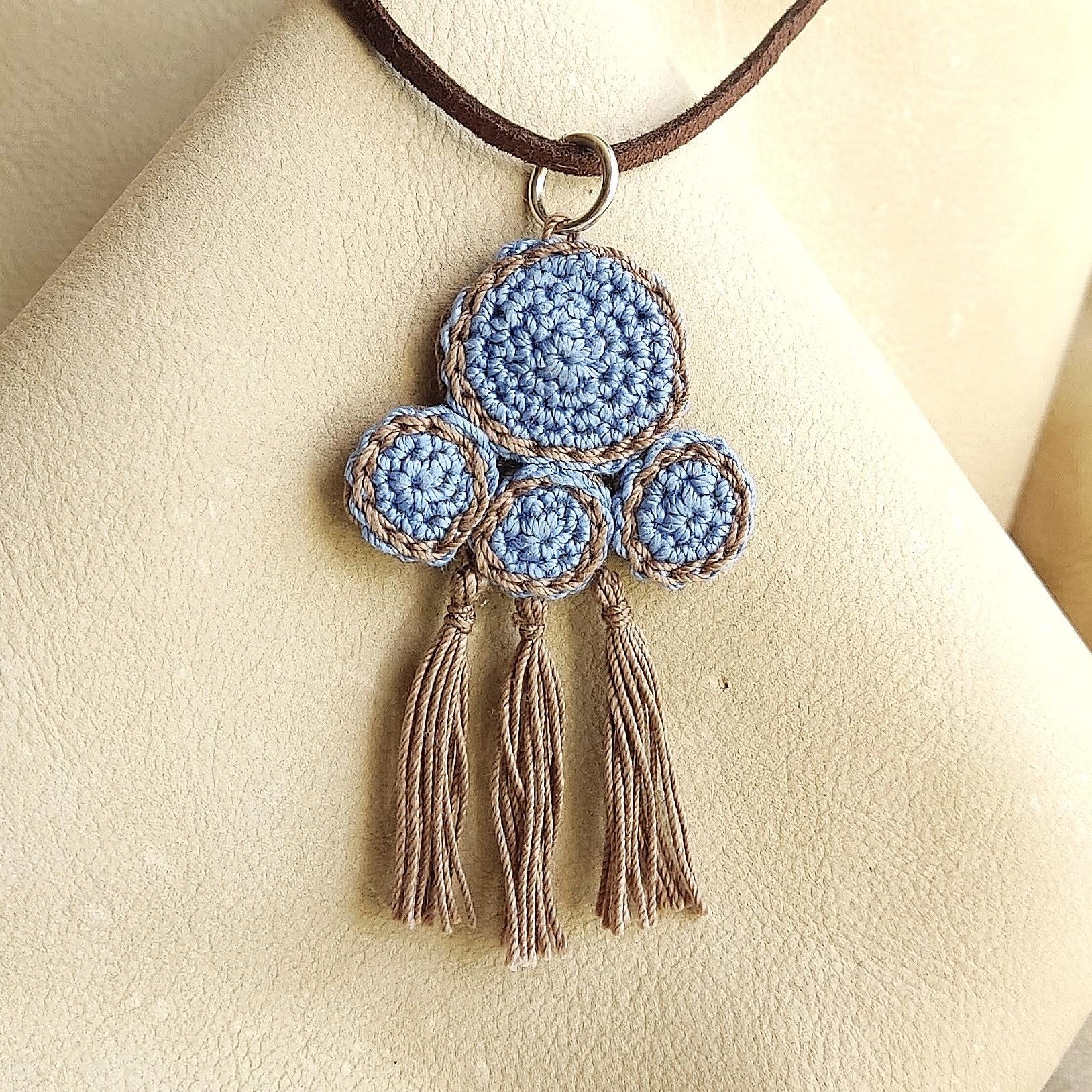 Denim Blue & Beige Crochet Pendant Necklace - Ancient Greek Inspired Leather Strap Boho Jewelry - StepToLight