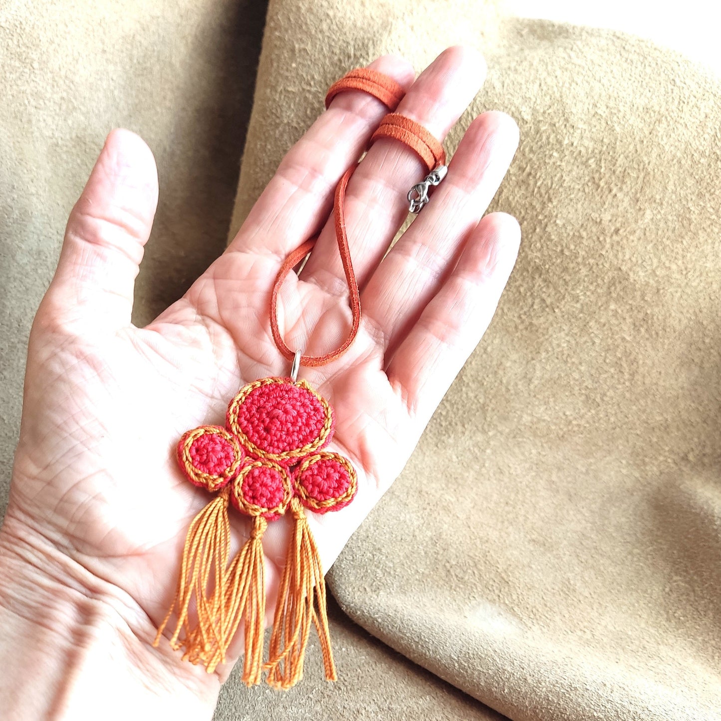 Denim Blue & Beige Crochet Pendant Necklace - Ancient Greek Inspired Leather Strap Boho Jewelry - StepToLight