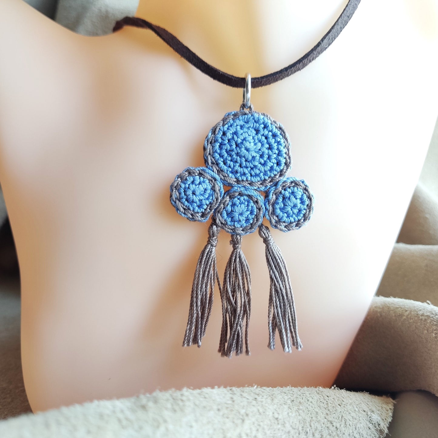 Denim Blue & Beige Crochet Pendant Necklace - Ancient Greek Inspired Leather Strap Boho Jewelry - StepToLight