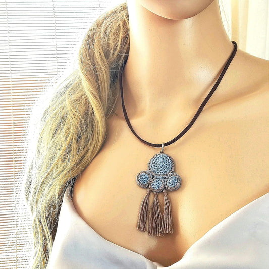 Denim Blue & Beige Crochet Pendant Necklace - Ancient Greek Inspired Leather Strap Boho Jewelry - StepToLight