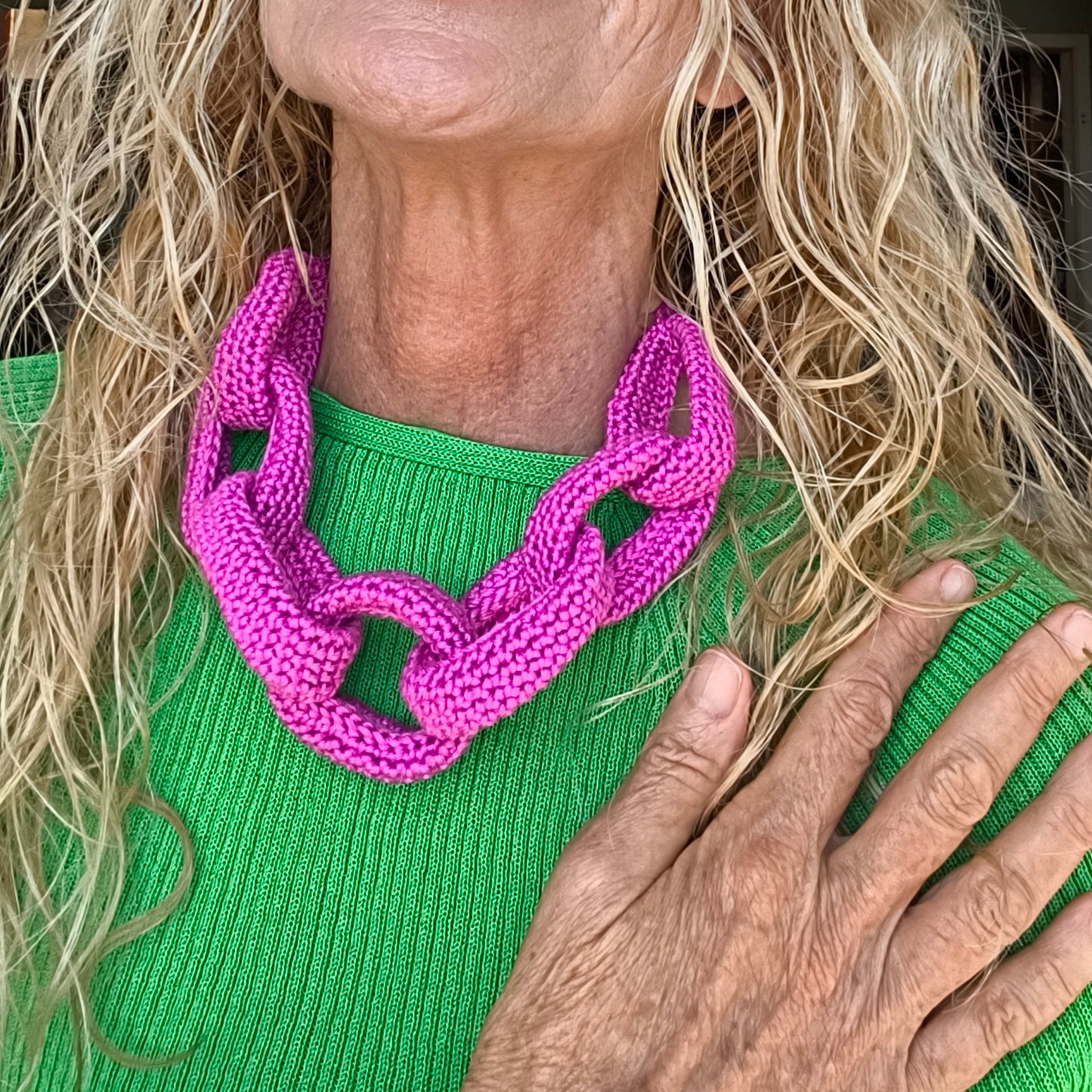 Denim Blue Chunky Crochet Chain Necklace - Handmade Braided Cotton Statement Jewelry - StepToLight