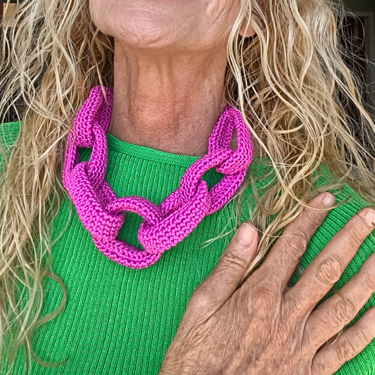 Denim Blue Chunky Crochet Chain Necklace - Handmade Braided Cotton Statement Jewelry - StepToLight