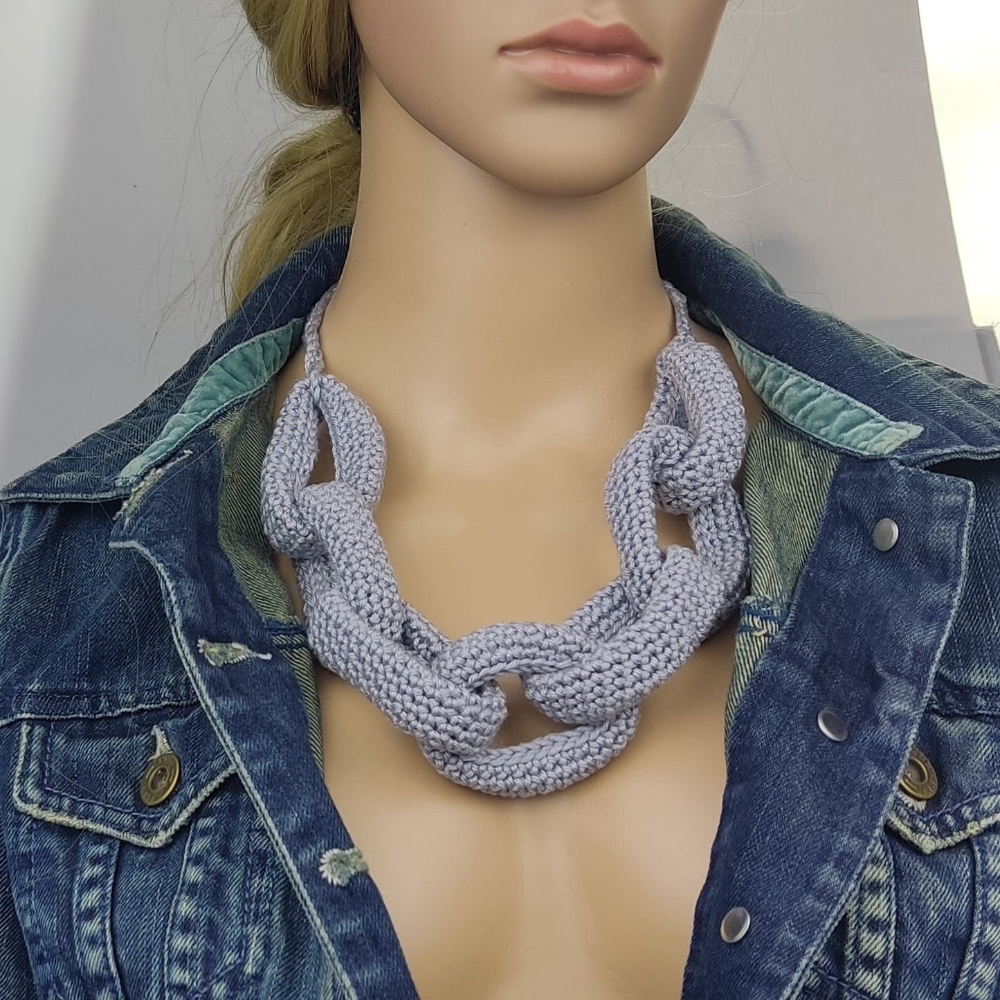 Denim Blue Chunky Crochet Chain Necklace - Handmade Braided Cotton Statement Jewelry - StepToLight