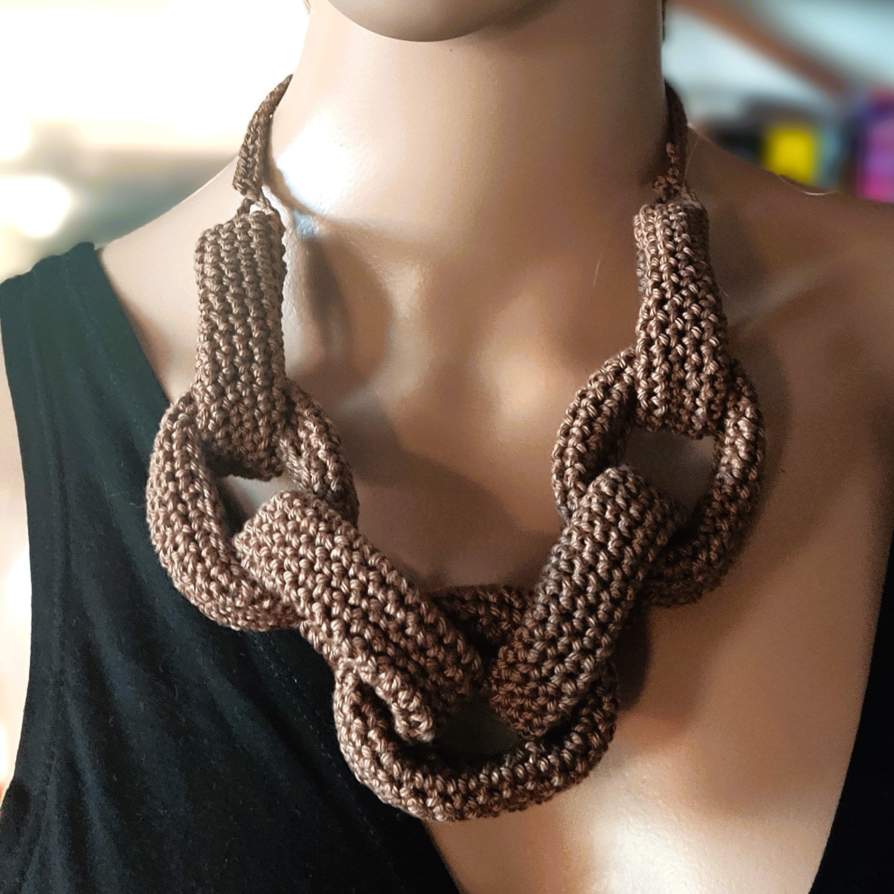 Denim Blue Chunky Crochet Chain Necklace - Handmade Braided Cotton Statement Jewelry - StepToLight