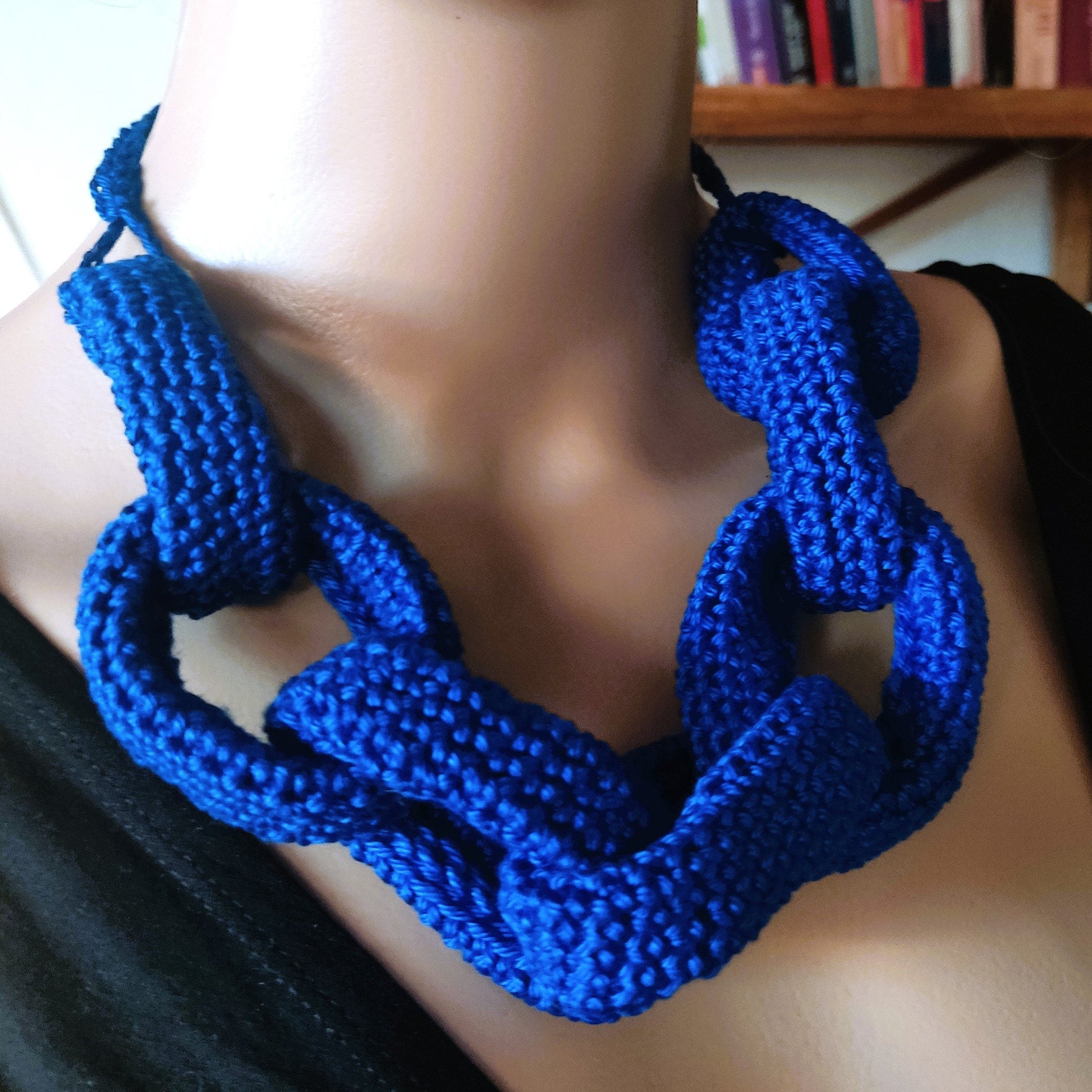 Denim Blue Chunky Crochet Chain Necklace - Handmade Braided Cotton Statement Jewelry - StepToLight