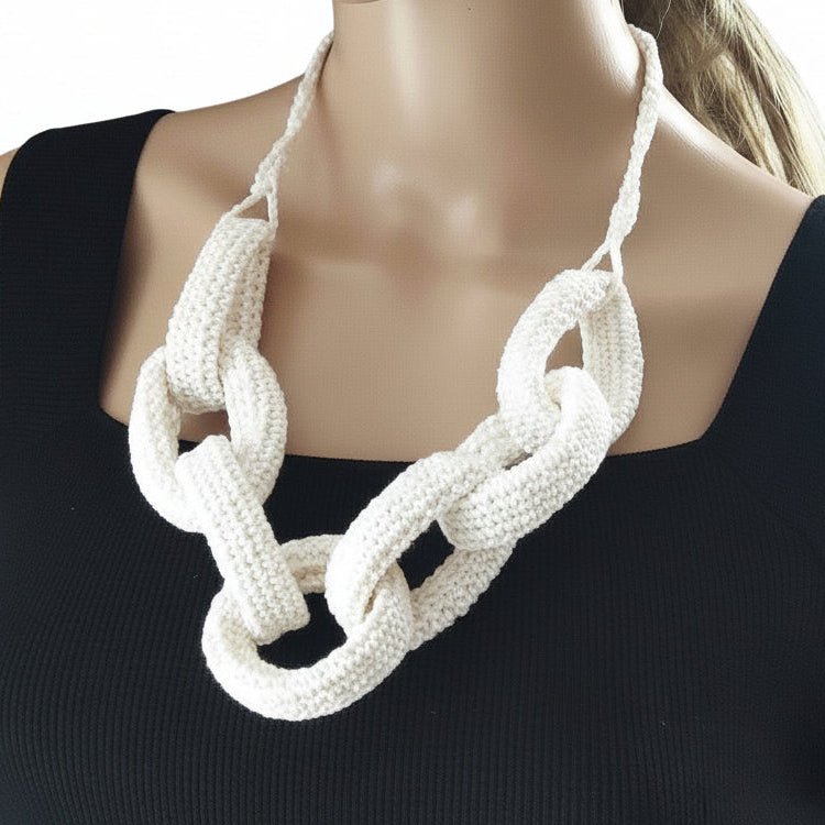 Denim Blue Chunky Crochet Chain Necklace - Handmade Braided Cotton Statement Jewelry - StepToLight