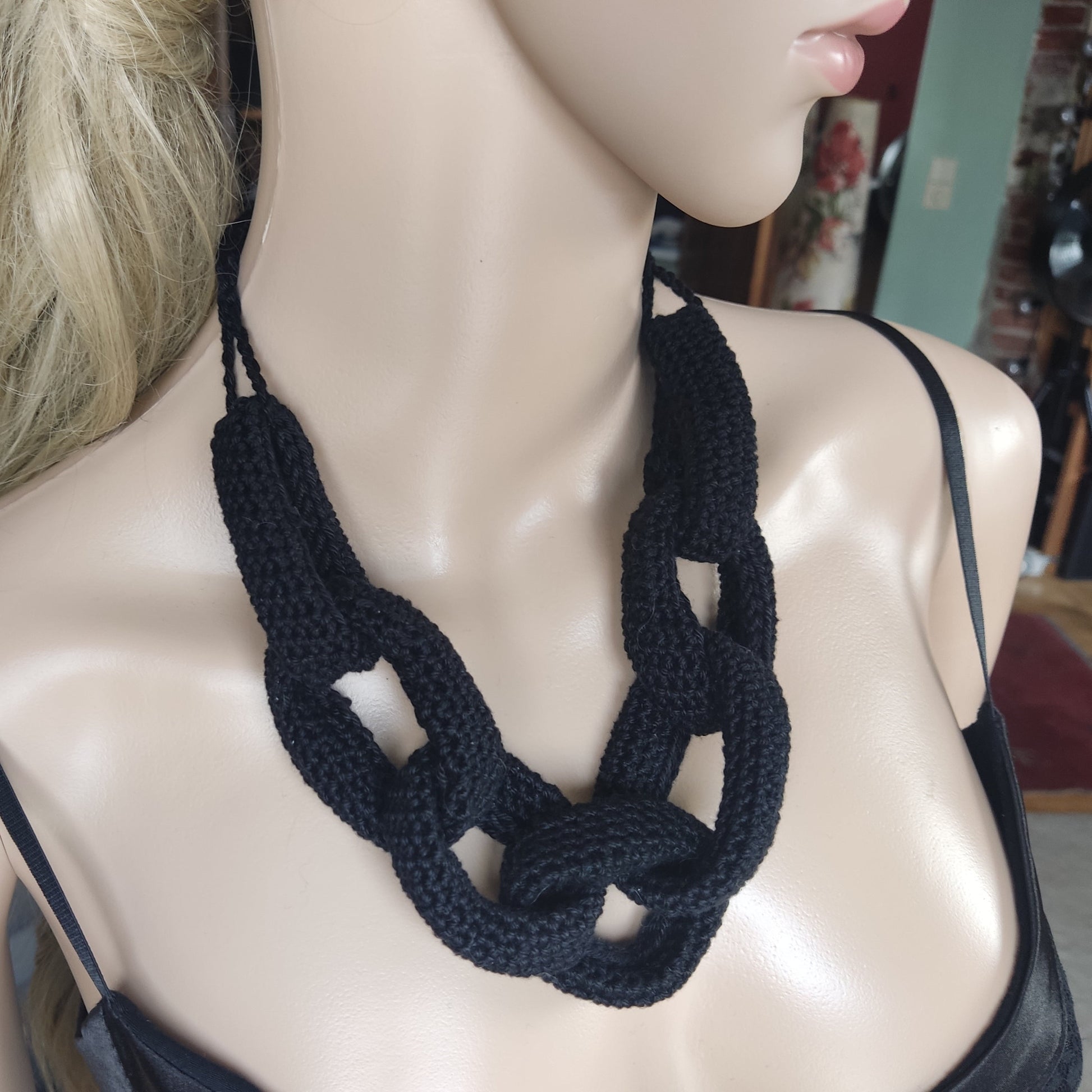 Denim Blue Chunky Crochet Chain Necklace - Handmade Braided Cotton Statement Jewelry - StepToLight