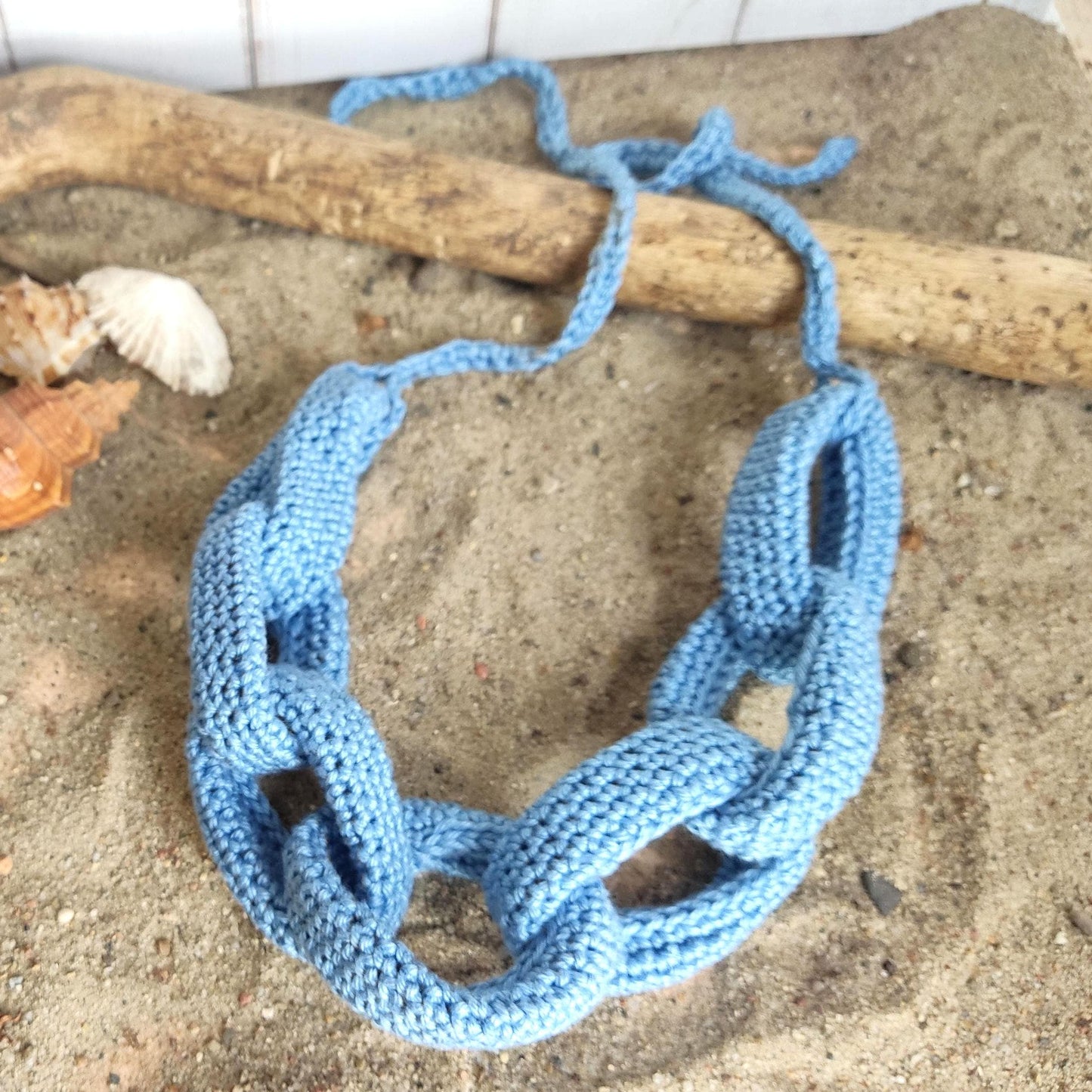 Denim Blue Chunky Crochet Chain Necklace - Handmade Braided Cotton Statement Jewelry - StepToLight