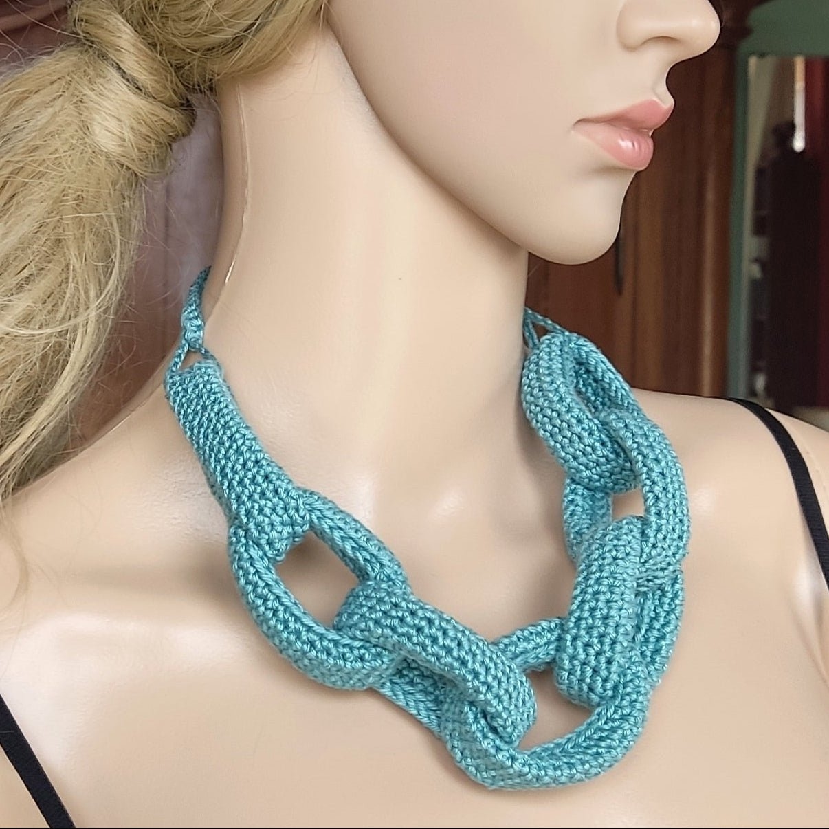 Denim Blue Chunky Crochet Chain Necklace - Handmade Braided Cotton Statement Jewelry - StepToLight