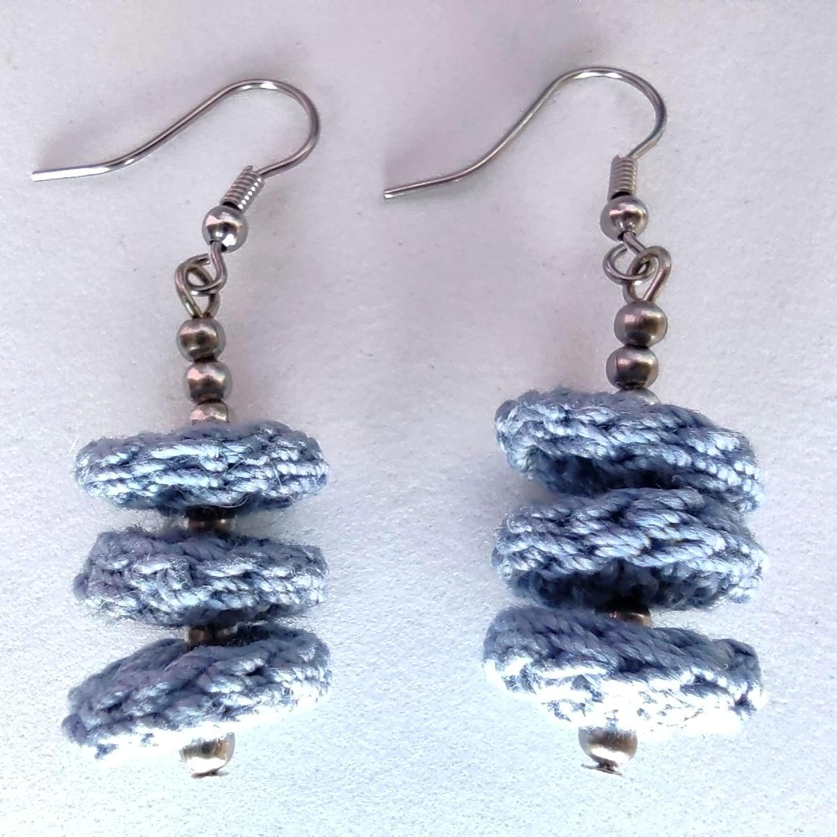 Denim Blue Crochet Dangle Earrings with Steel Beads - Tiered Circle Drop - StepToLight