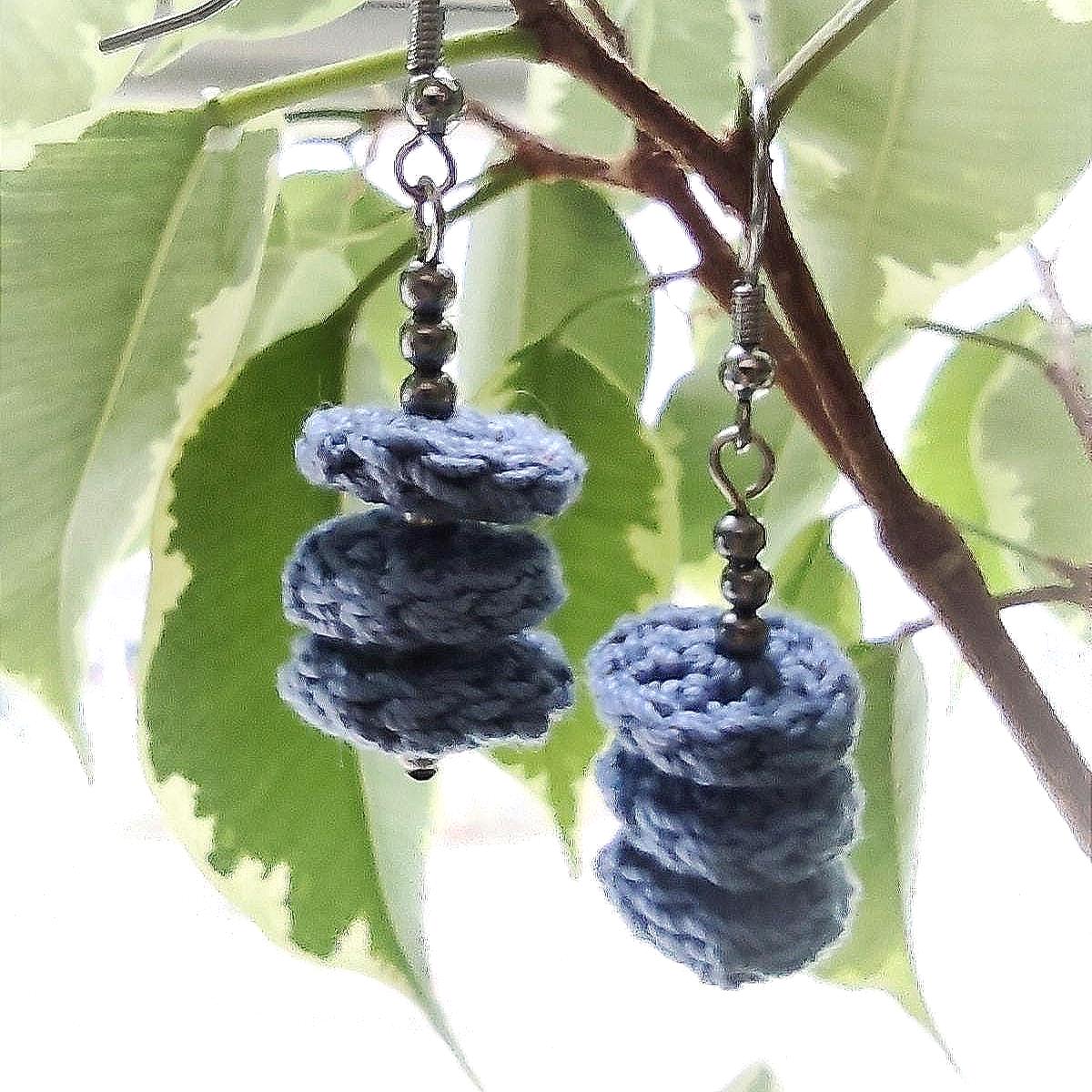 Denim Blue Crochet Dangle Earrings with Steel Beads - Tiered Circle Drop - StepToLight