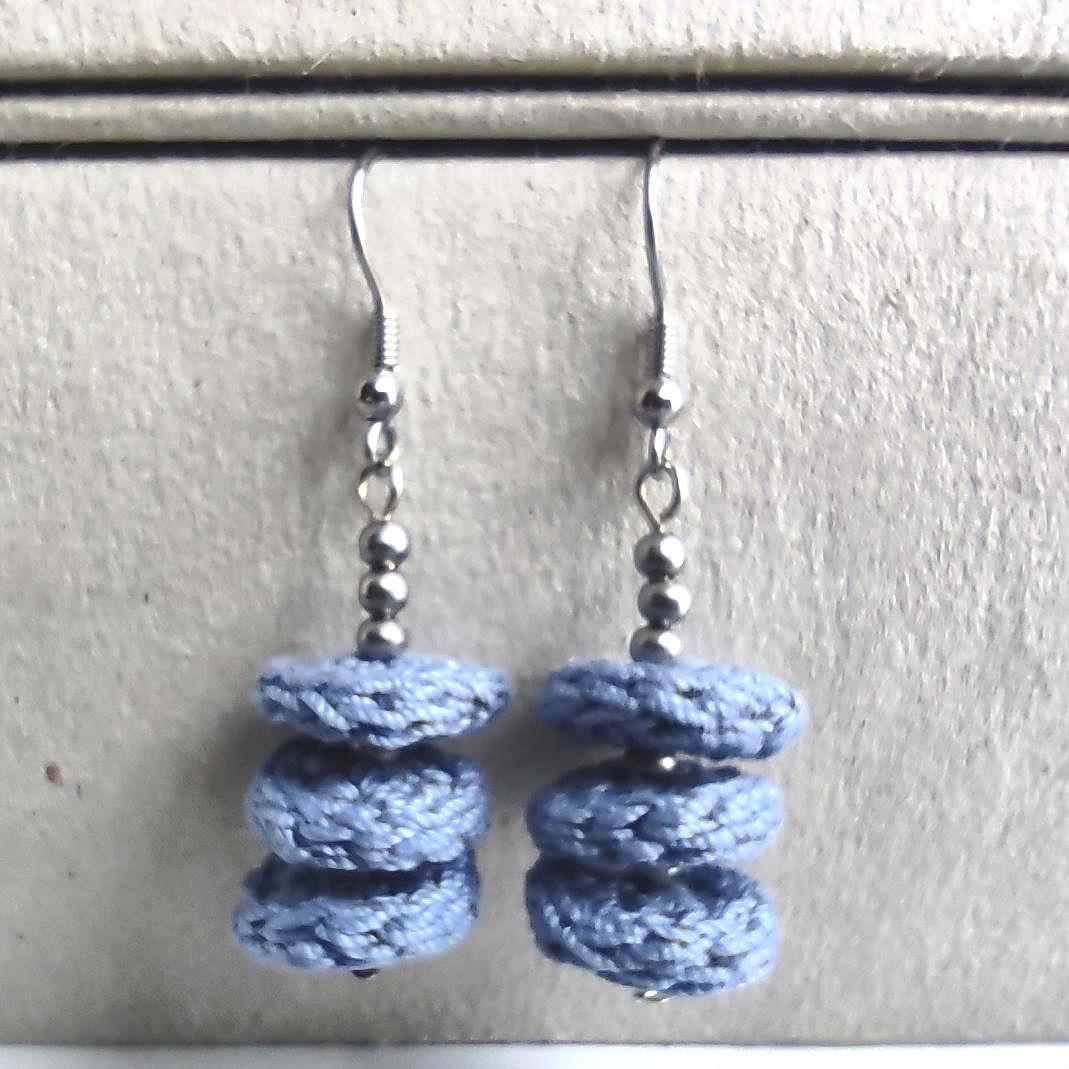 Denim Blue Crochet Dangle Earrings with Steel Beads - Tiered Circle Drop - StepToLight