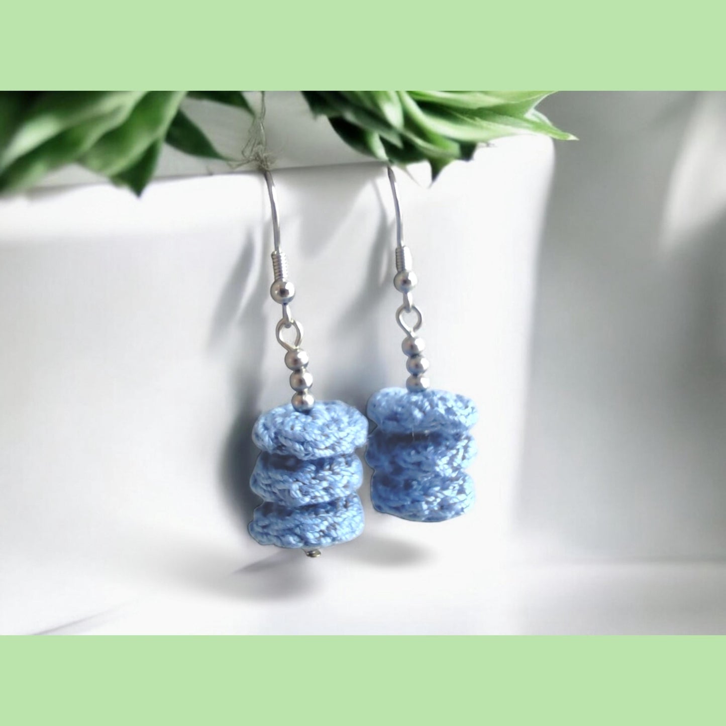 Denim Blue Crochet Dangle Earrings with Steel Beads - Tiered Circle Drop - StepToLight