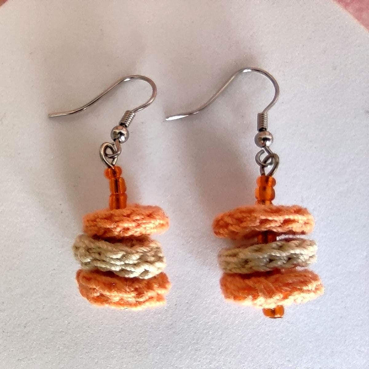 Denim Blue Crochet Dangle Earrings with Steel Beads - Tiered Circle Drop - StepToLight
