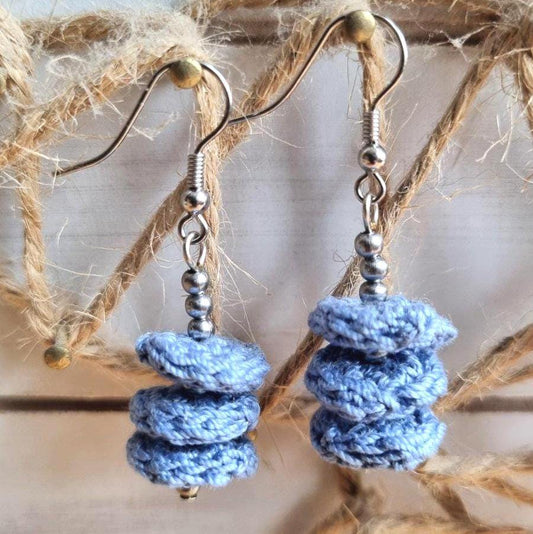 Denim Blue Crochet Dangle Earrings with Steel Beads - Tiered Circle Drop - StepToLight