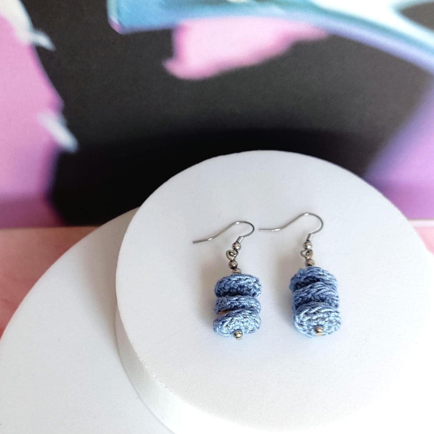 Denim Blue Crochet Dangle Earrings with Steel Beads - Tiered Circle Drop - StepToLight